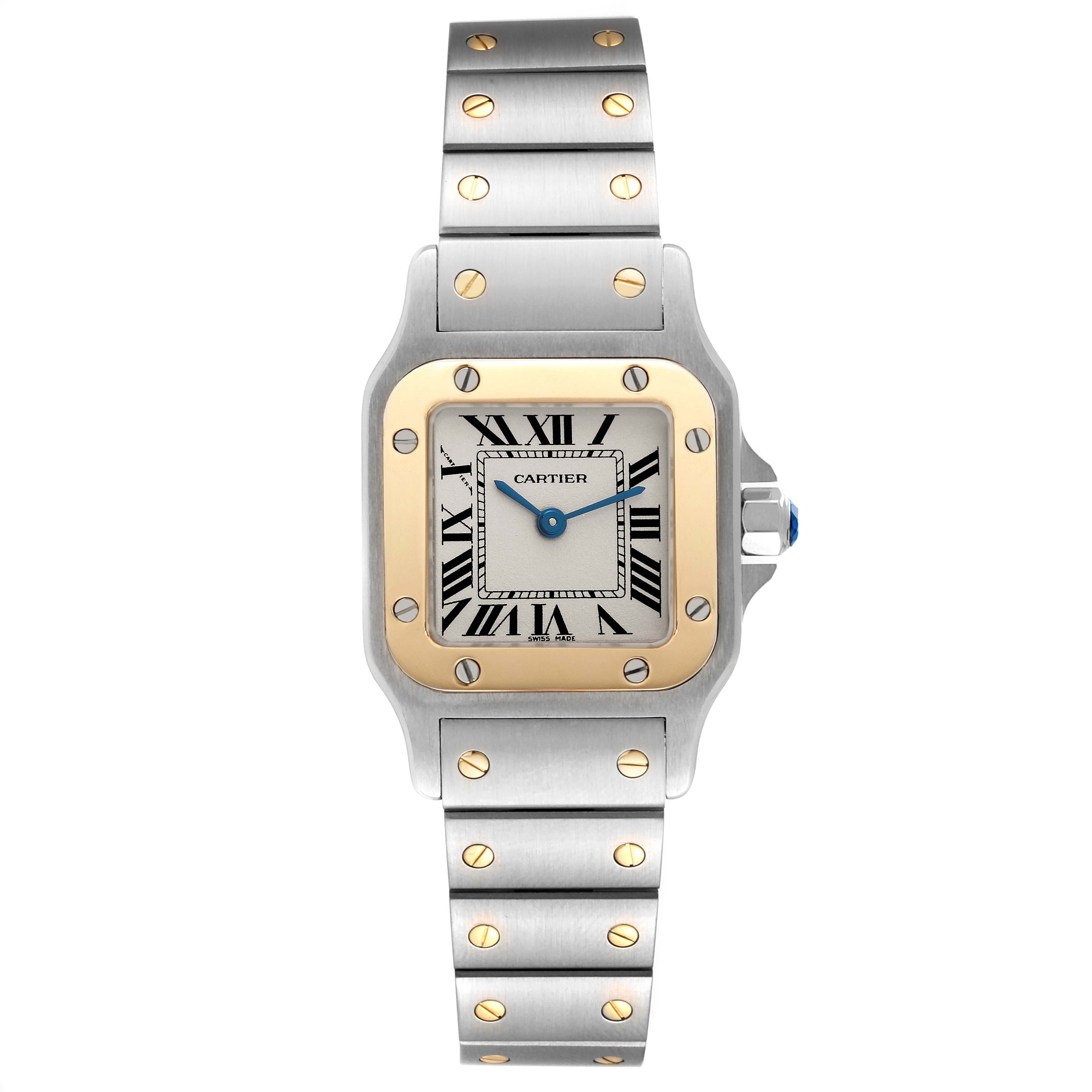 The image shows a front view of the Cartier Santos W20012C4 Women's Steel and Gold (two tone) Silver Dial W20012C4 Women's Steel and Gold (two tone) Silver Dial watch, highlighting its face, bezel, and bracelet.