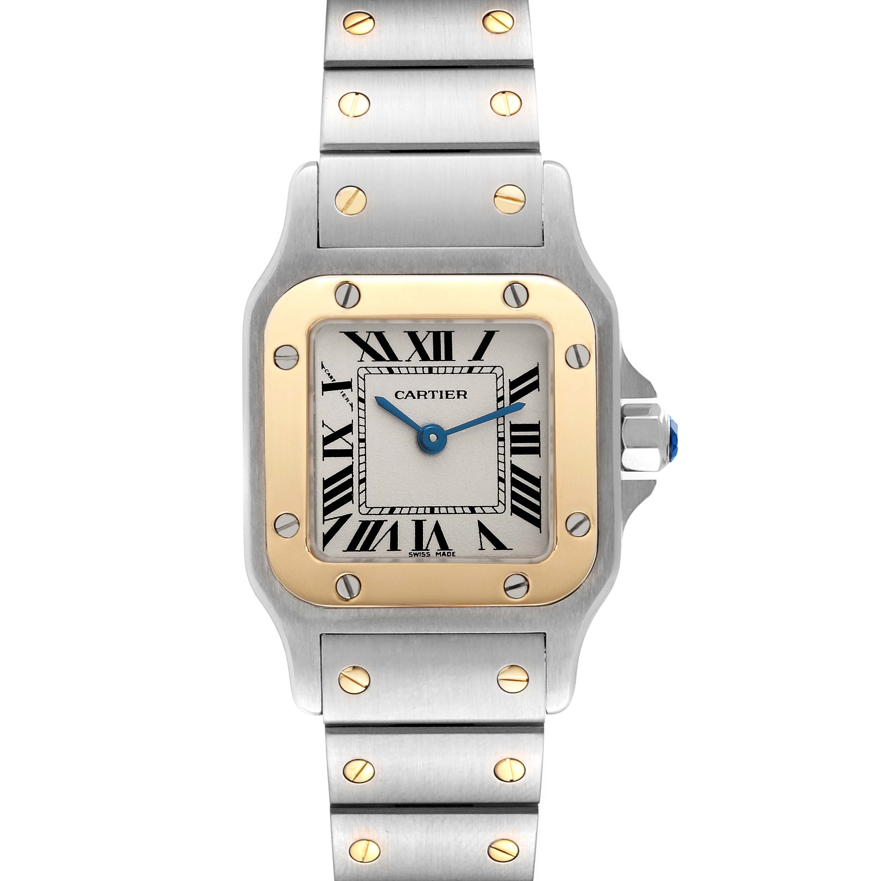 The image shows a front view of a Cartier Santos W20012C4 Women's Steel and Gold (two tone) Silver Dial W20012C4 Women's Steel and Gold (two tone) Silver Dial watch, highlighting its face, bezel, and bracelet.