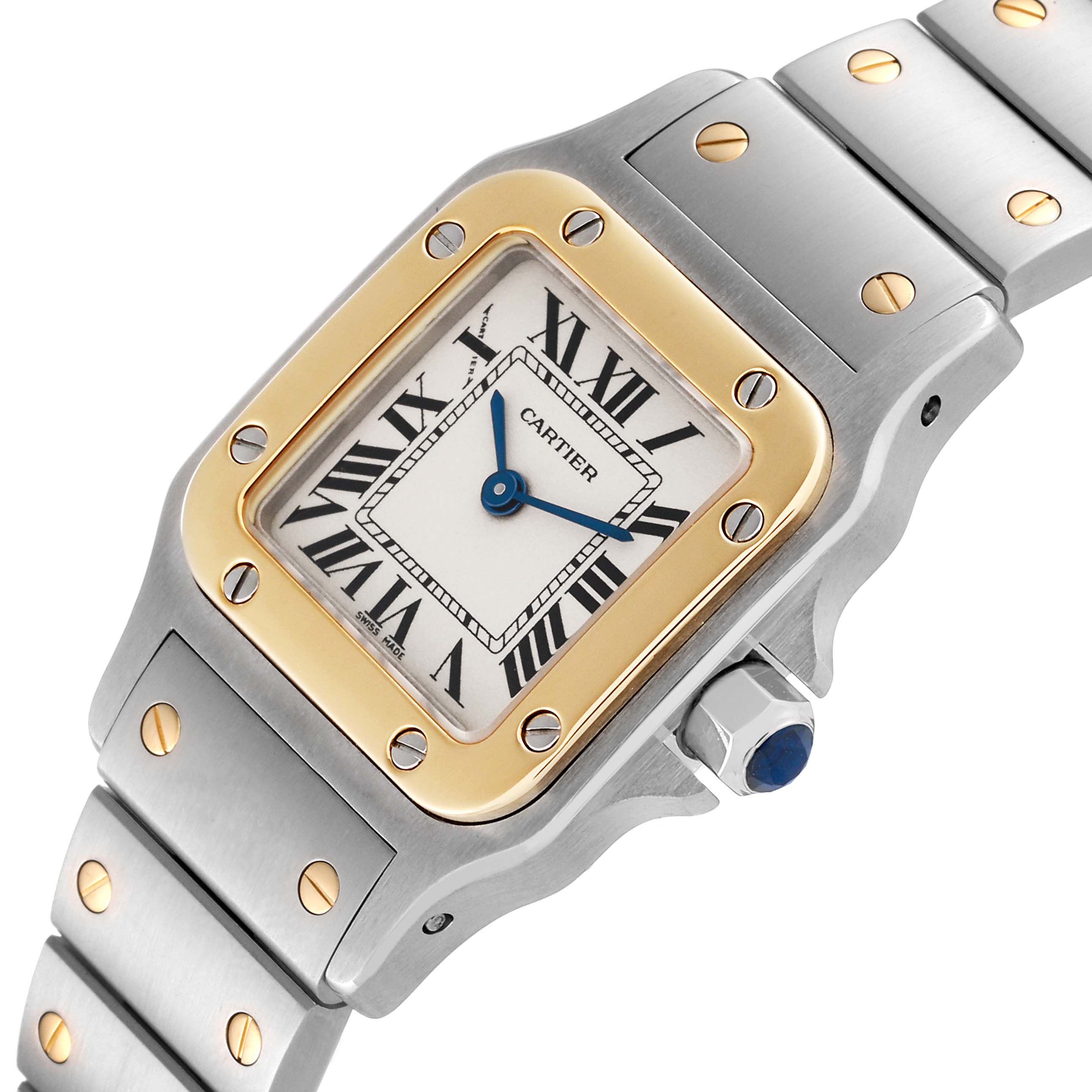 The image shows a close-up angle of a Cartier Santos W20012C4 Women's Steel and Gold (two tone) Silver Dial W20012C4 Women's Steel and Gold (two tone) Silver Dial watch, highlighting the face, bezel, and part of the bracelet.