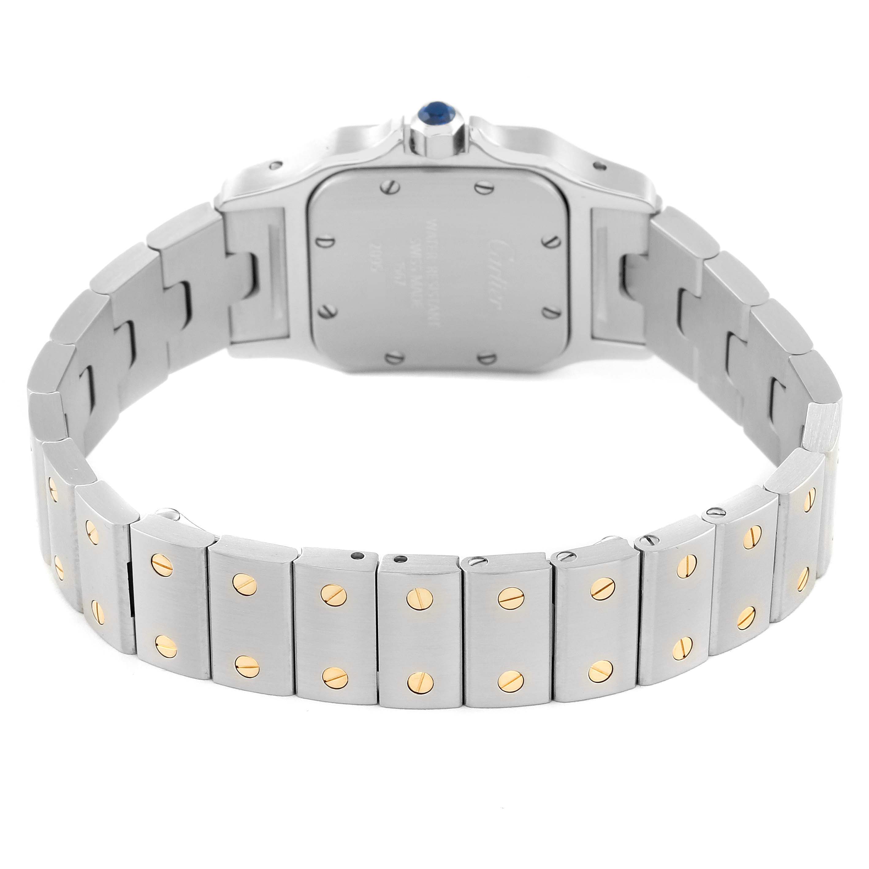 The image shows the back view of a Santos model watch by Cartier, featuring its bracelet and clasp.