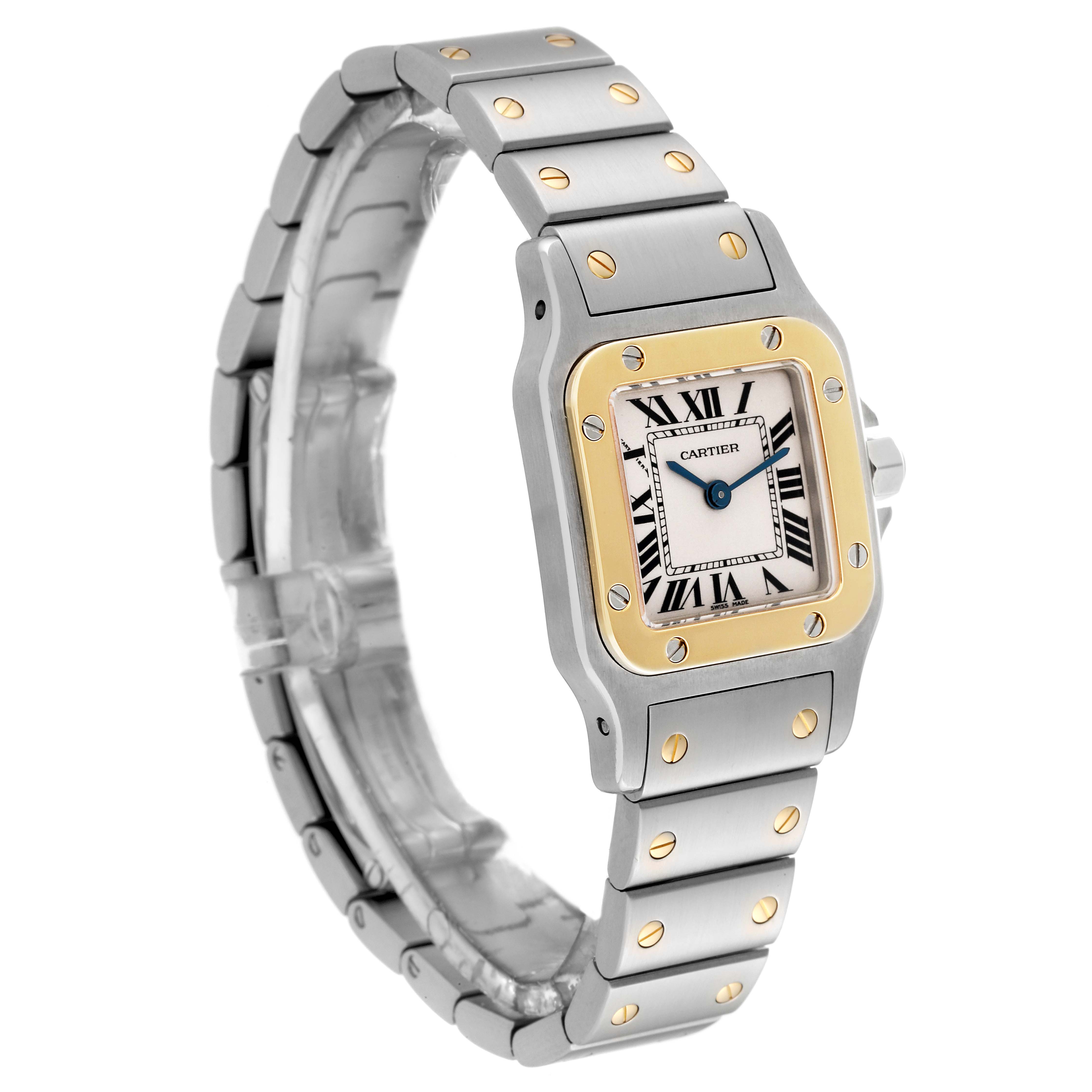 The image shows a Santos model by Cartier, viewed from a slight diagonal, highlighting the face, bezel, and band.