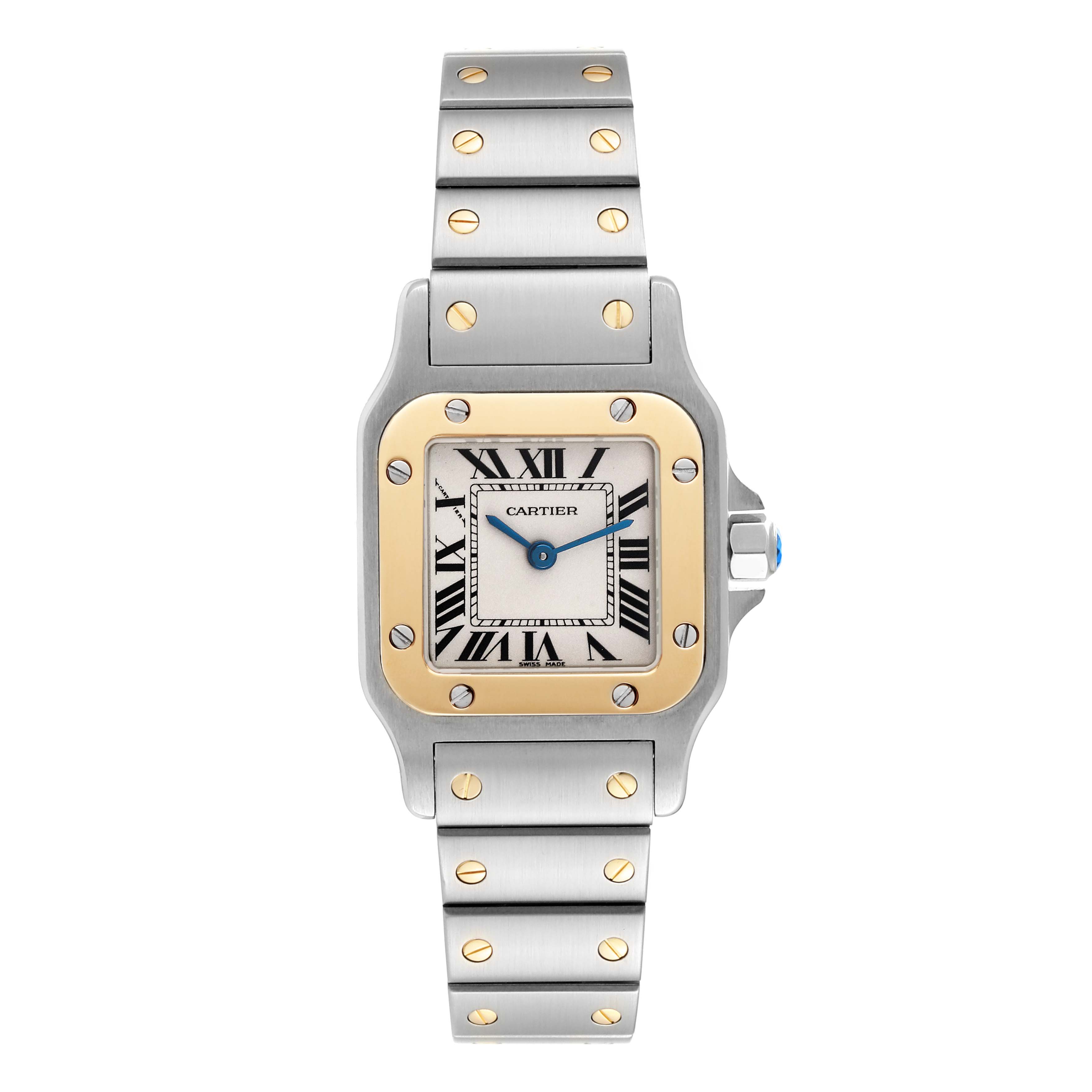 This image shows a front view of the Cartier Santos W20012C4 Women's Steel and Gold (two tone) Silver Dial W20012C4 Women's Steel and Gold (two tone) Silver Dial watch, highlighting its dial, bezel, and bracelet.