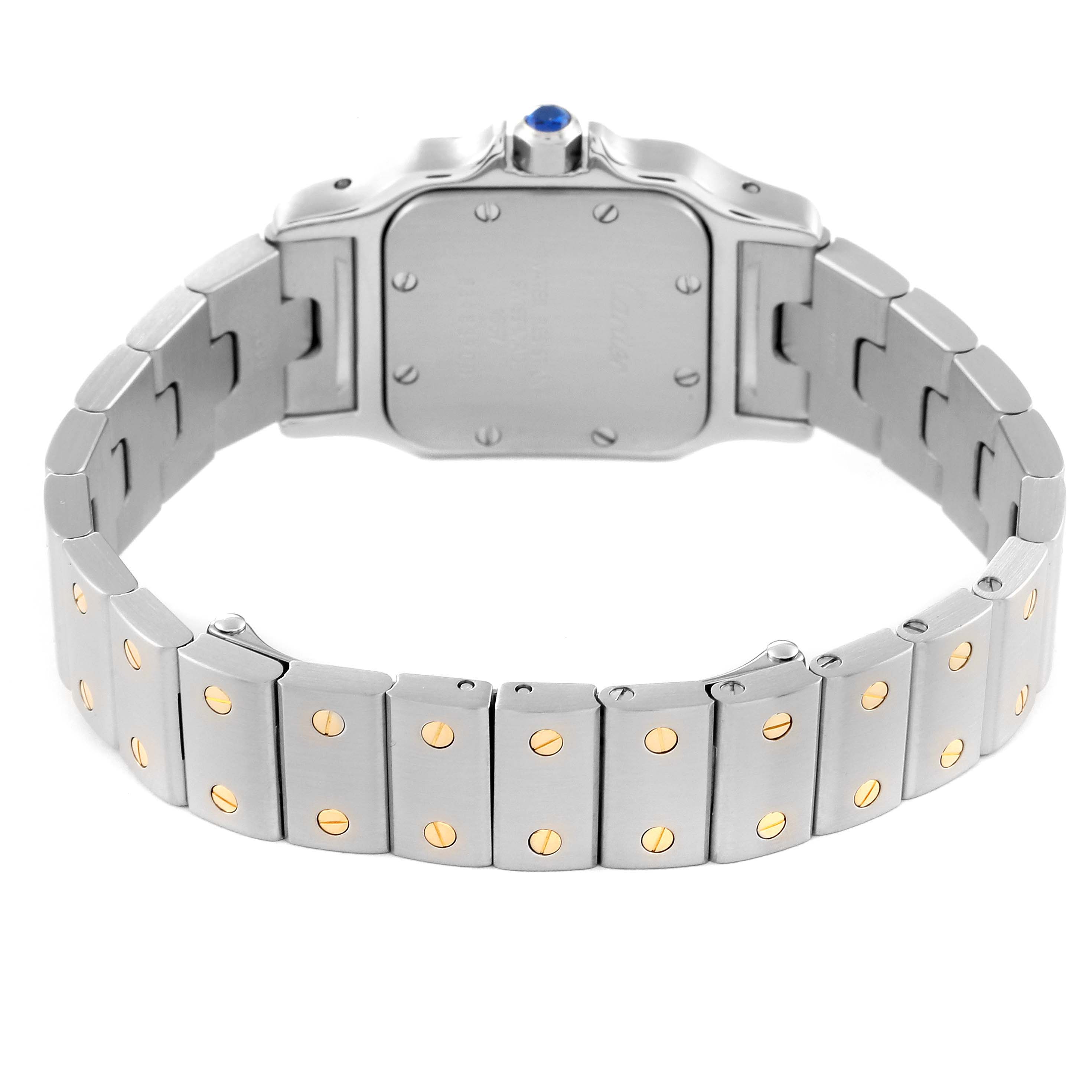 The image shows the rear side of the Cartier Santos W20012C4 Women's Steel and Gold (two tone) Silver Dial W20012C4 Women's Steel and Gold (two tone) Silver Dial watch, highlighting its bracelet and case back.