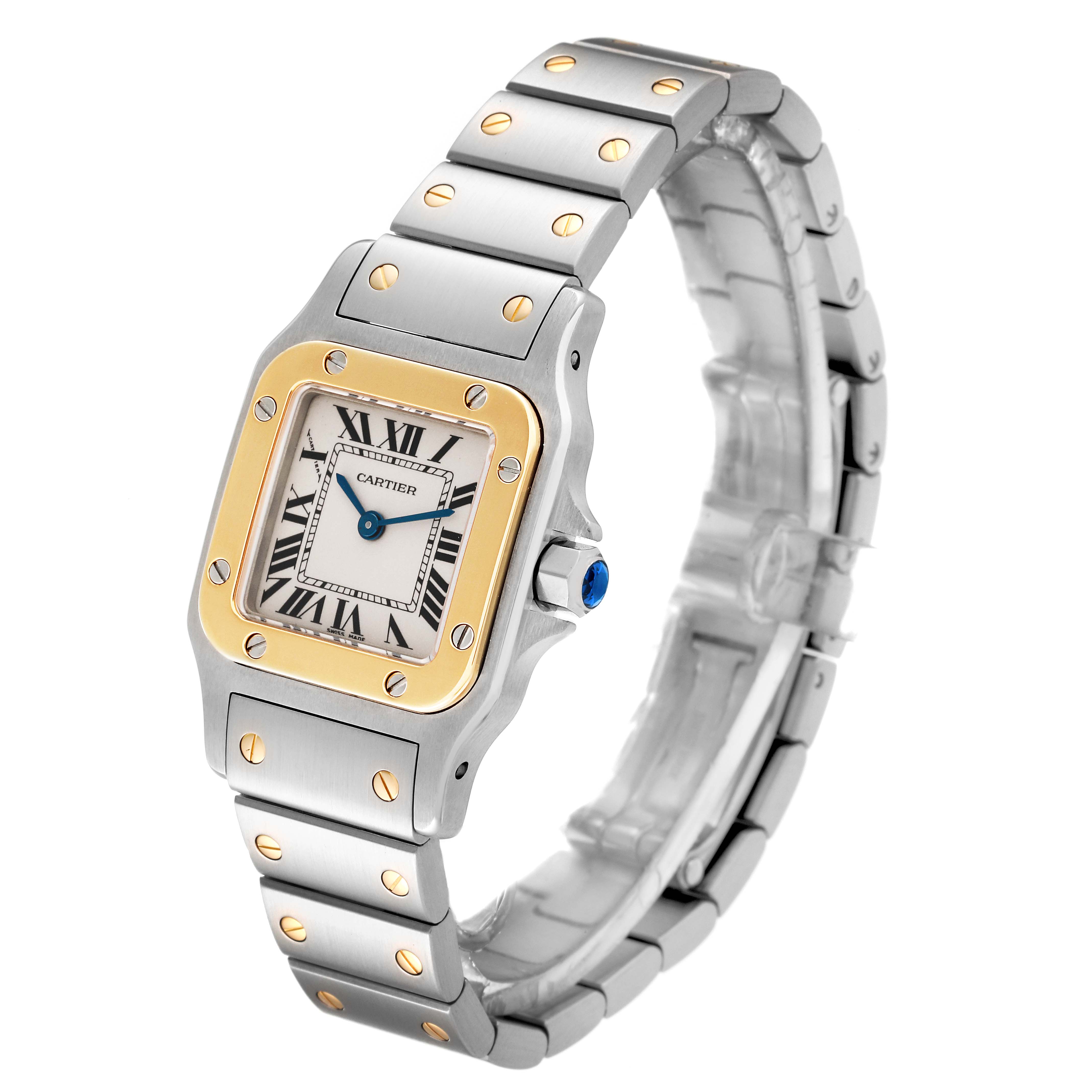 The Cartier Santos W20012C4 Women's Steel and Gold (two tone) Silver Dial W20012C4 Women's Steel and Gold (two tone) Silver Dial watch is shown at an angled side view, highlighting its face, bezel, and bracelet.
