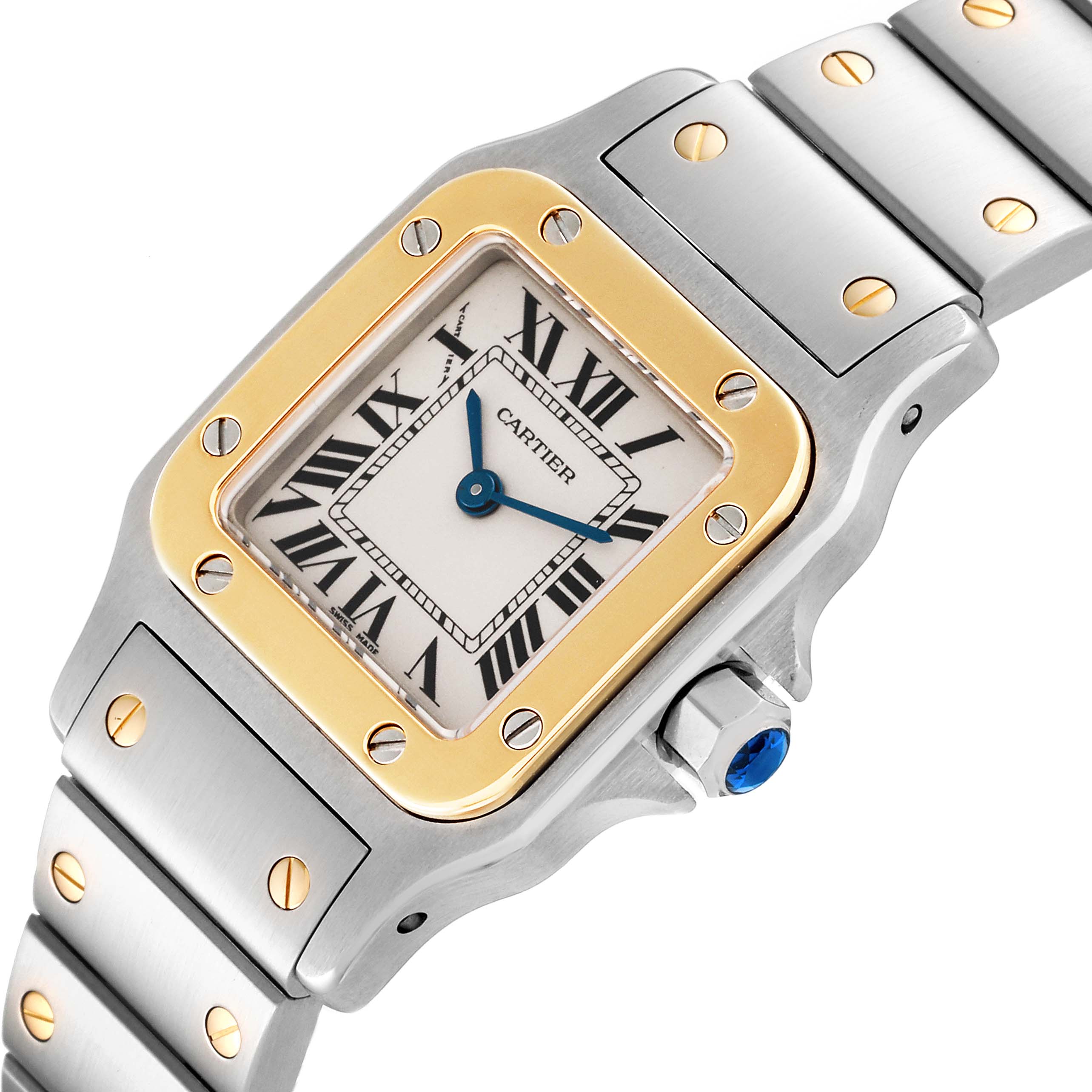The image shows a close-up angle of a Cartier Santos W20012C4 Women's Steel and Gold (two tone) Silver Dial W20012C4 Women's Steel and Gold (two tone) Silver Dial watch, highlighting its face, bezel, and part of the bracelet.