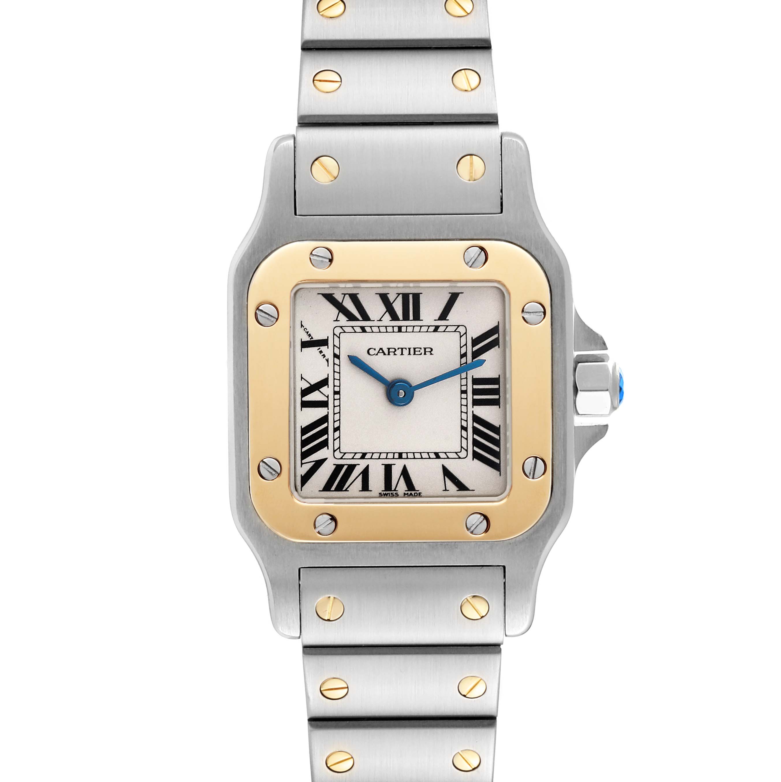 The image shows a front view of the Cartier Santos W20012C4 Women's Steel and Gold (two tone) Silver Dial W20012C4 Women's Steel and Gold (two tone) Silver Dial watch, highlighting its face, bezel, and part of the metal bracelet.