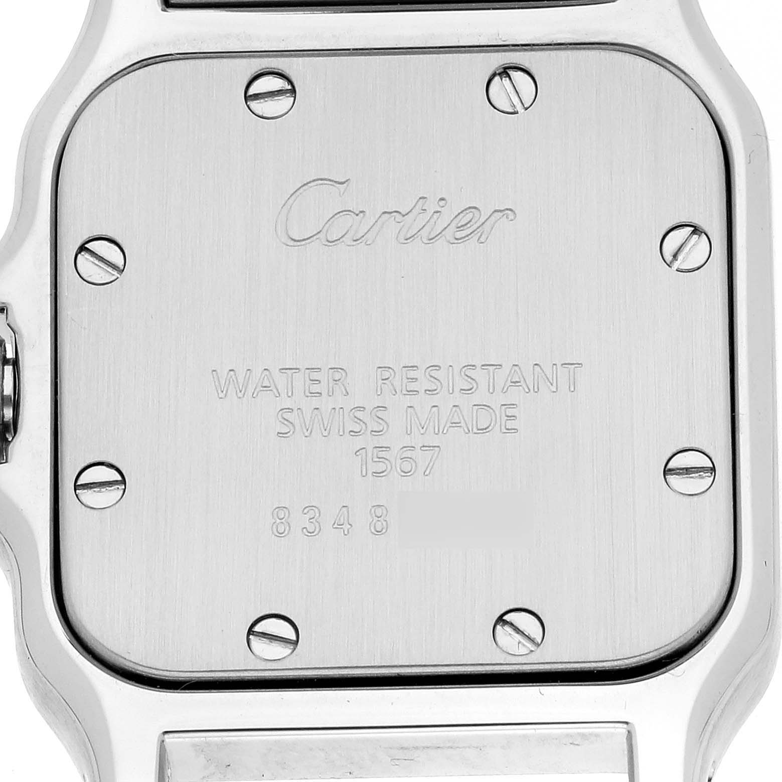 This image shows the back case of a Cartier Santos W20012C4 Women's Steel and Gold (two tone) Silver Dial W20012C4 Women's Steel and Gold (two tone) Silver Dial watch, highlighting the brand name, water resistance, and Swiss-made details.
