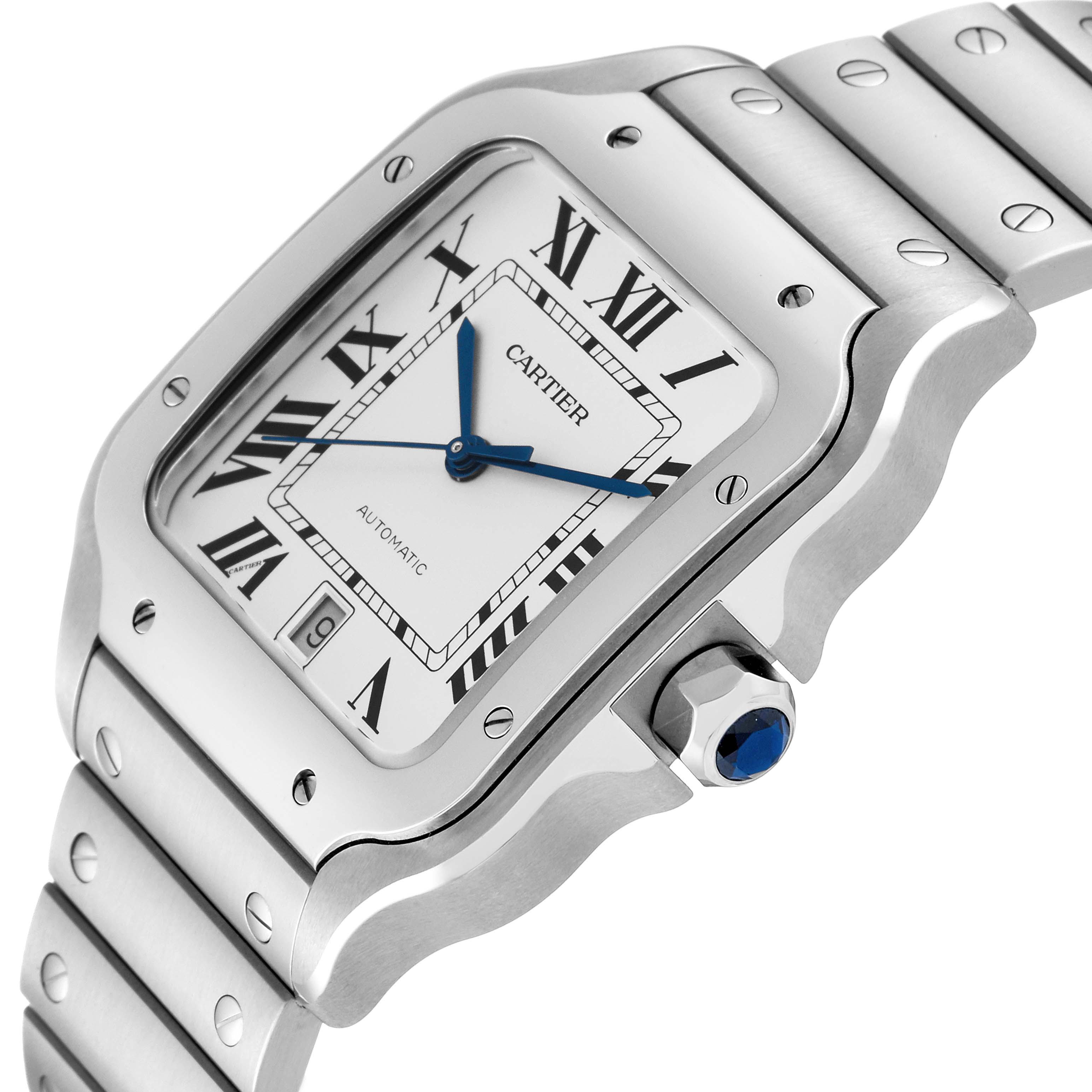The image shows a close-up view of the Santos model by Cartier, highlighting the watch face, bezel, bracelet, and crown.