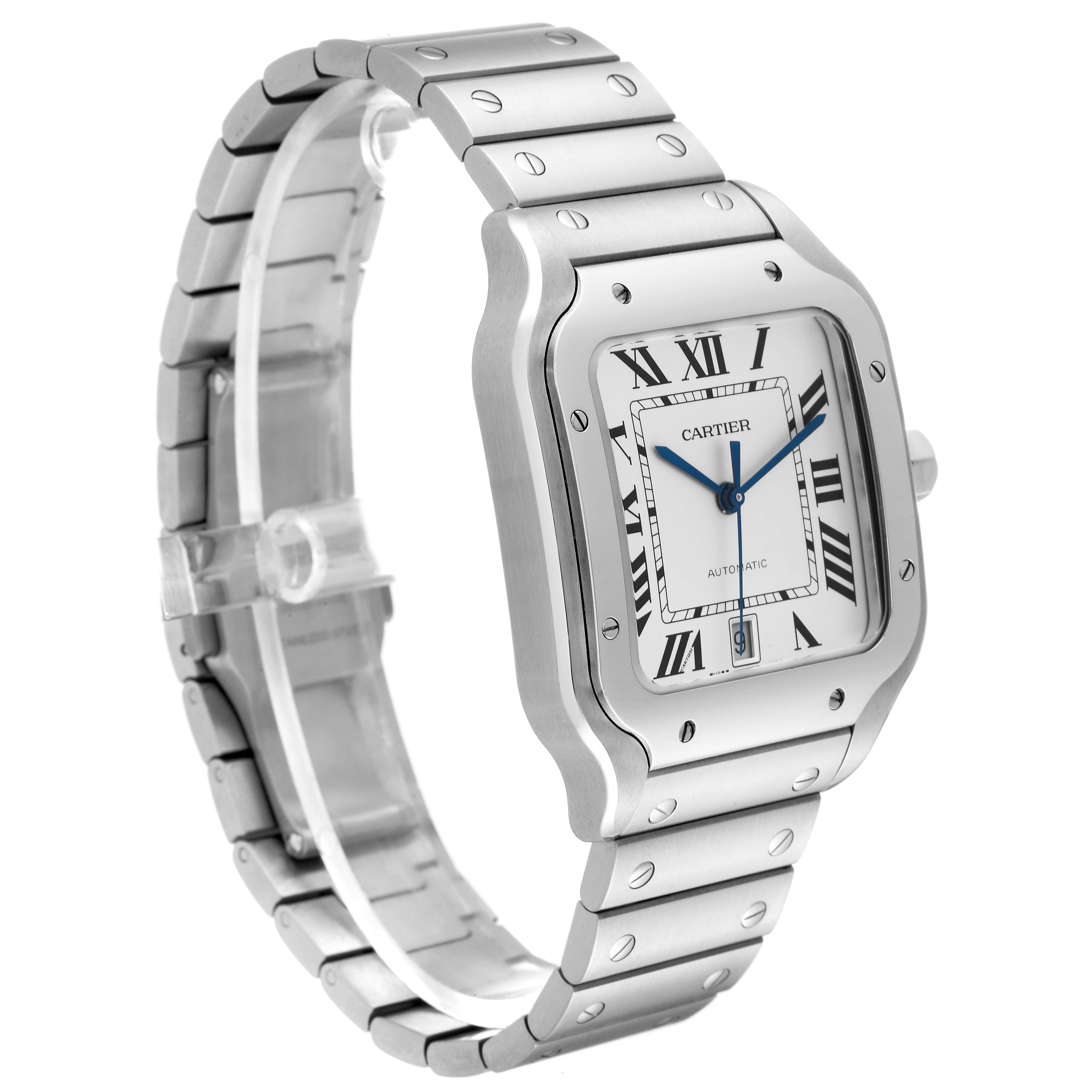 The image shows a Cartier Santos WSSA0018 Men
s Stainless Steel Silver Dial WSSA0018 Men
s Stainless Steel Silver Dial watch, angled to display its face, bezel, and bracelet.
