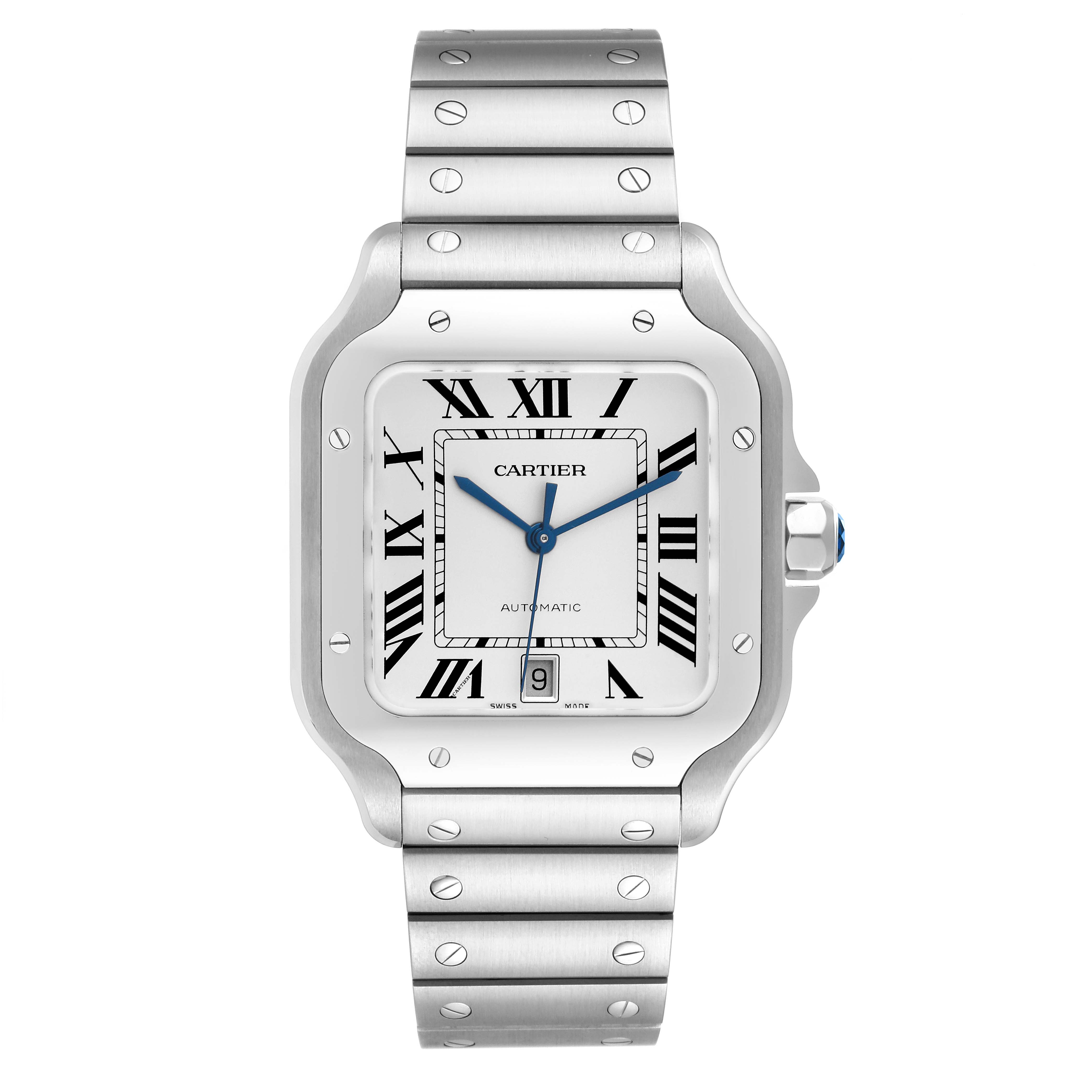 This image shows a front view of a Cartier Santos WSSA0018 Men
s Stainless Steel Silver Dial WSSA0018 Men
s Stainless Steel Silver Dial watch, displaying its face, bezel, and part of the bracelet.