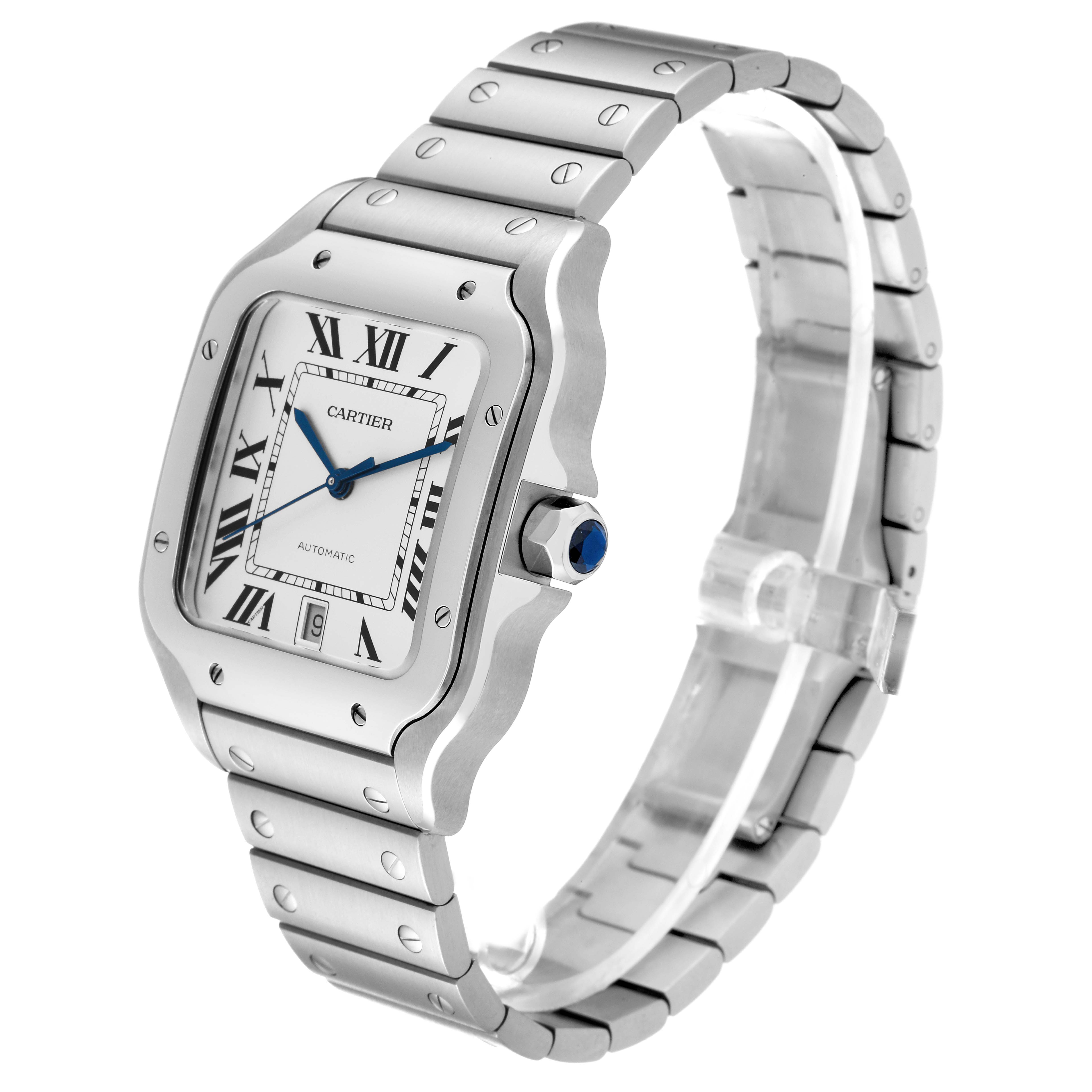 The Cartier Santos WSSA0018 Men
s Stainless Steel Silver Dial WSSA0018 Men
s Stainless Steel Silver Dial watch is shown at an angle highlighting its face, bezel, crown, and bracelet.