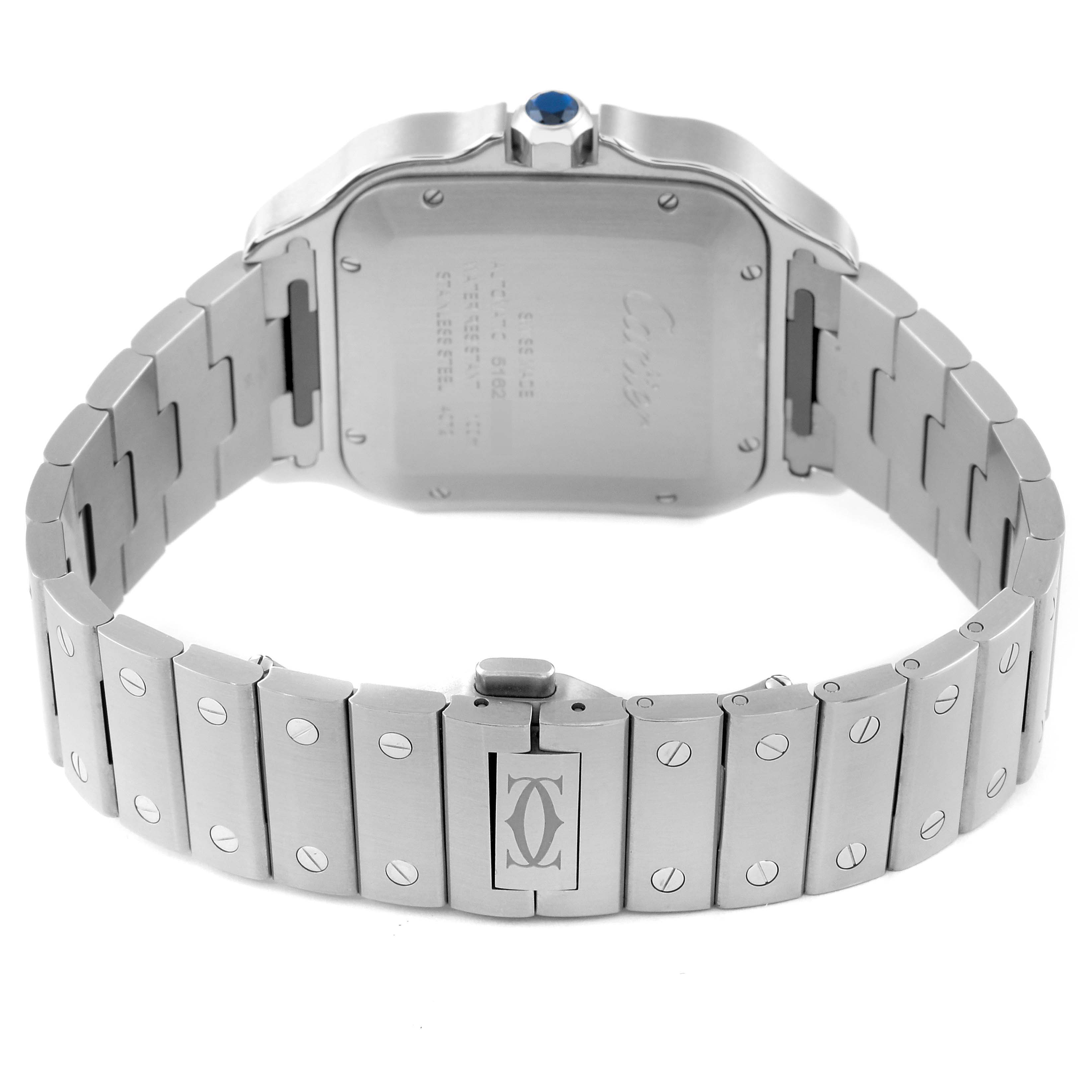 This image shows a rear view of the Cartier Santos WSSA0018 Men
s Stainless Steel Silver Dial WSSA0018 Men
s Stainless Steel Silver Dial watch, focusing on its stainless steel case back and bracelet with screw details.