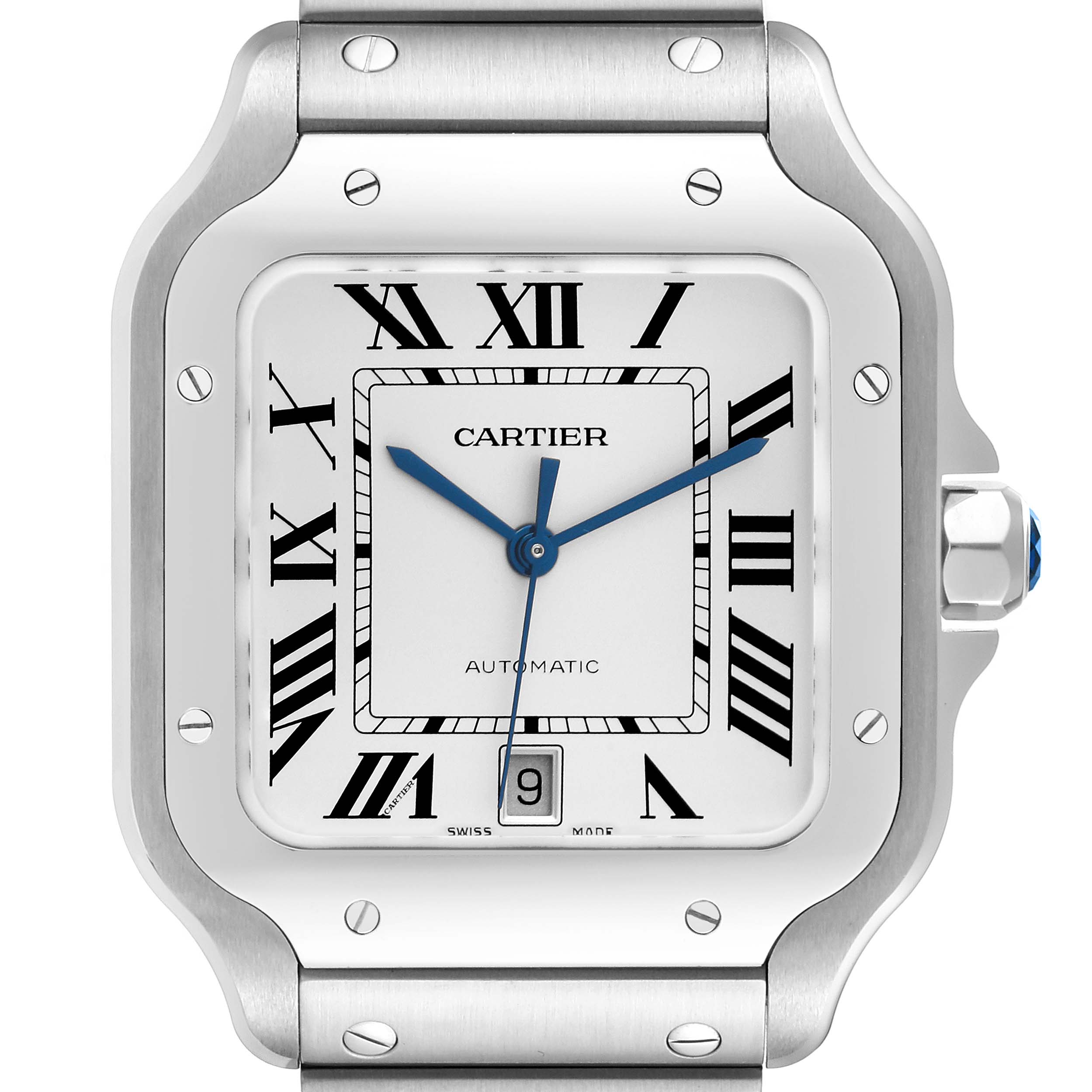 The image shows a close-up of the Cartier Santos WSSA0018 Men
s Stainless Steel Silver Dial WSSA0018 Men
s Stainless Steel Silver Dial model watch face, including the bezel, crown, and part of the bracelet.