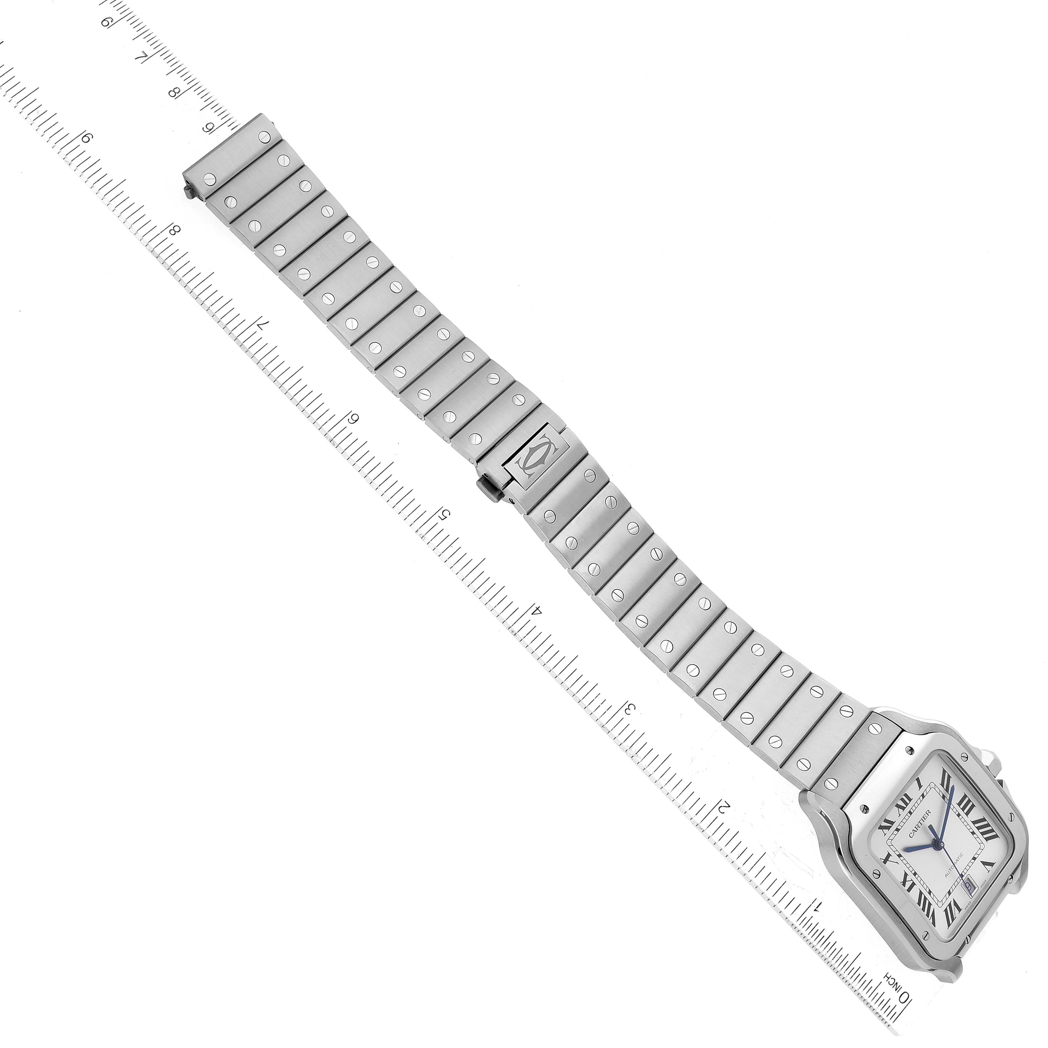 The image shows a top-down view of a Cartier Santos WSSA0018 Men
s Stainless Steel Silver Dial WSSA0018 Men
s Stainless Steel Silver Dial watch, showcasing its face, metal bracelet, and clasp.
