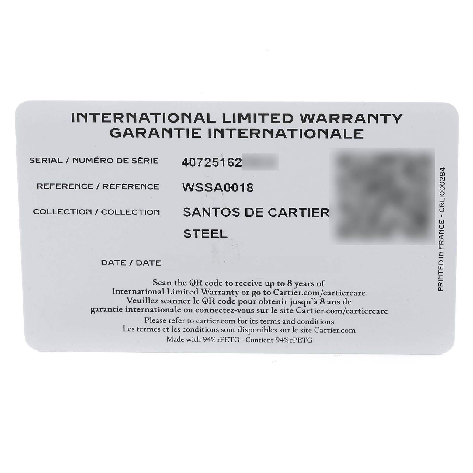 This image shows an international limited warranty card for the Santos de Cartier watch model by Cartier.
