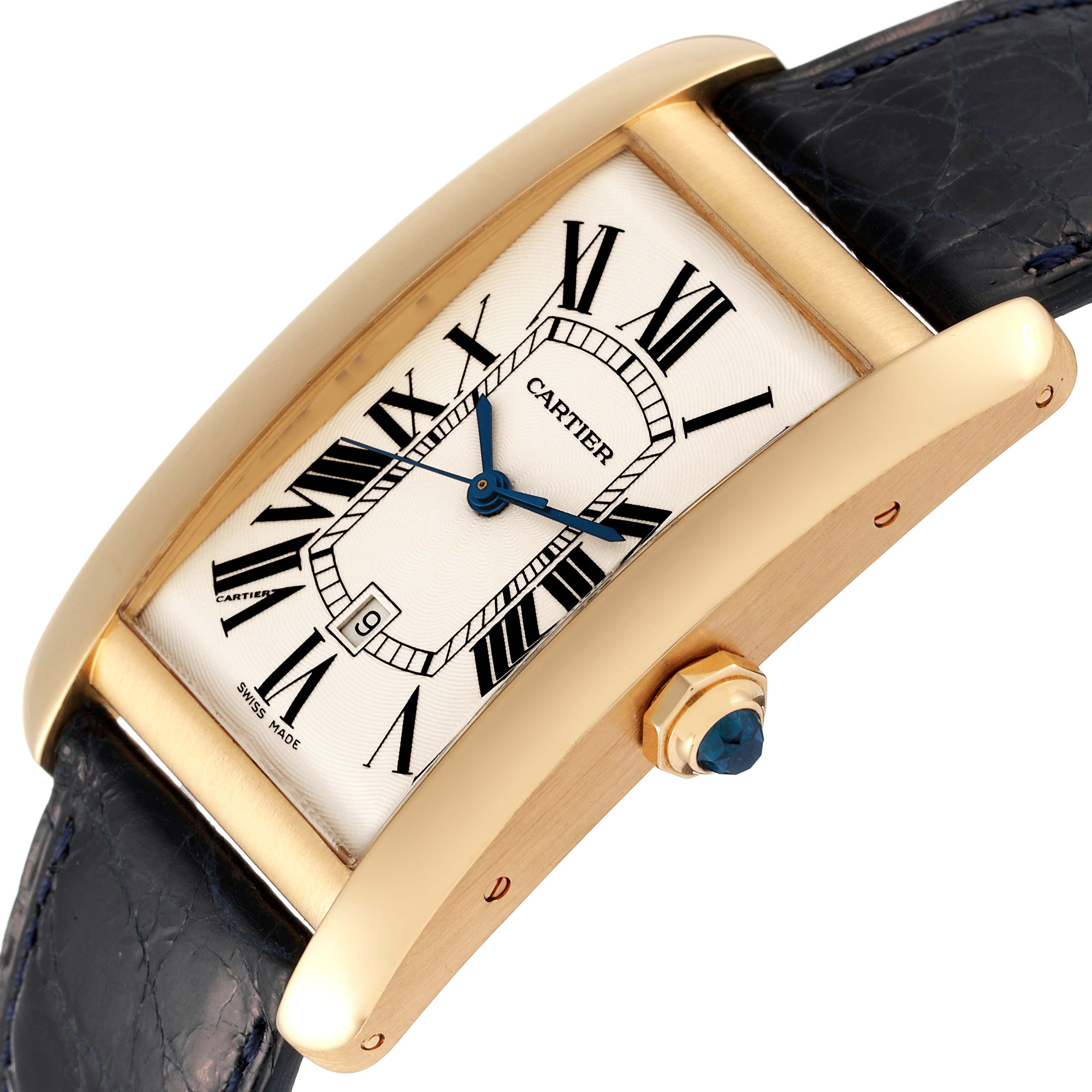 The image shows an angled view of the Cartier Tank Americaine W2603156 Men's Yellow Gold Silver Dial W2603156 Men's Yellow Gold Silver Dial watch, highlighting its face, gold case, and blue leather strap.