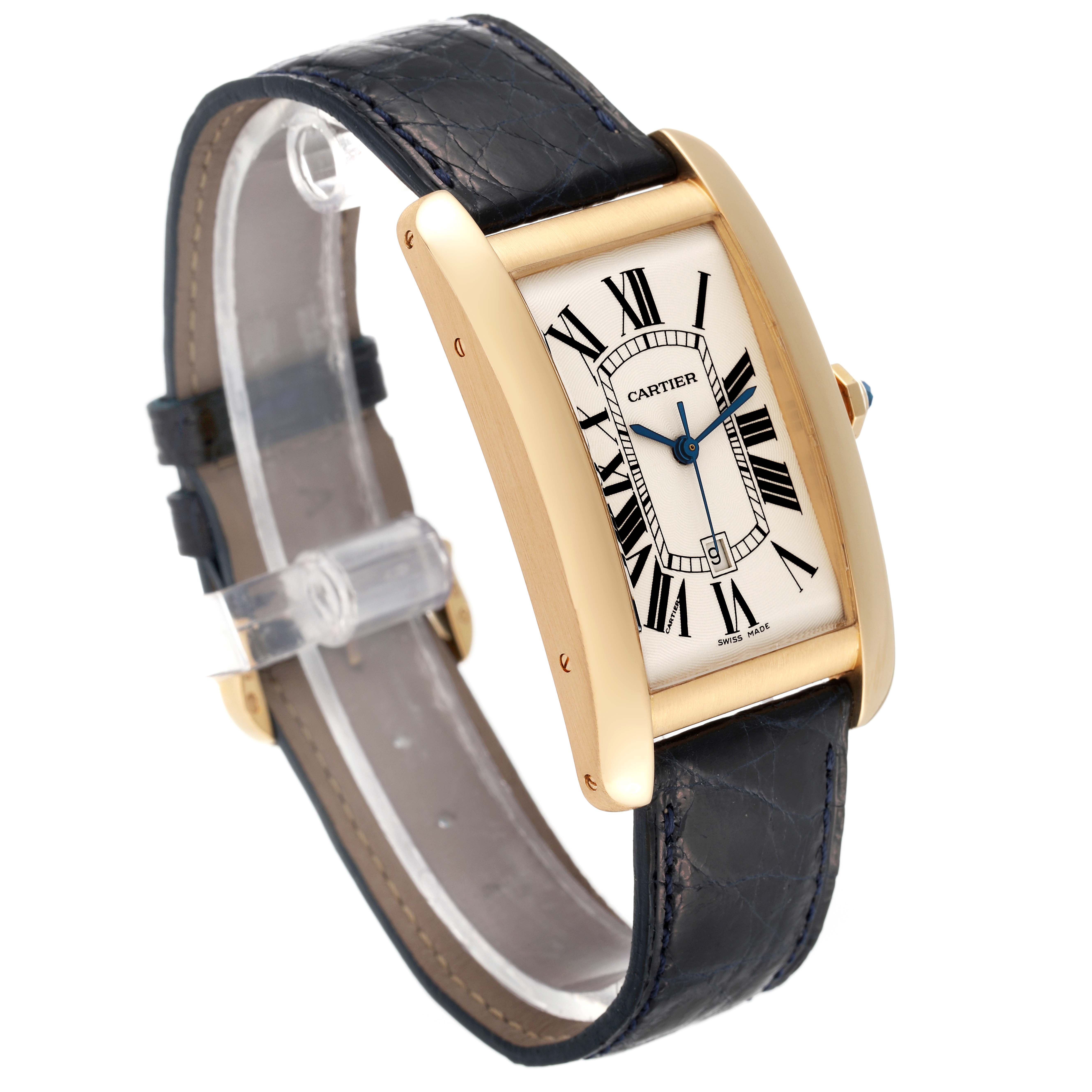 This image shows a Cartier Tank Américaine watch angled to display its face, case, and black leather strap.