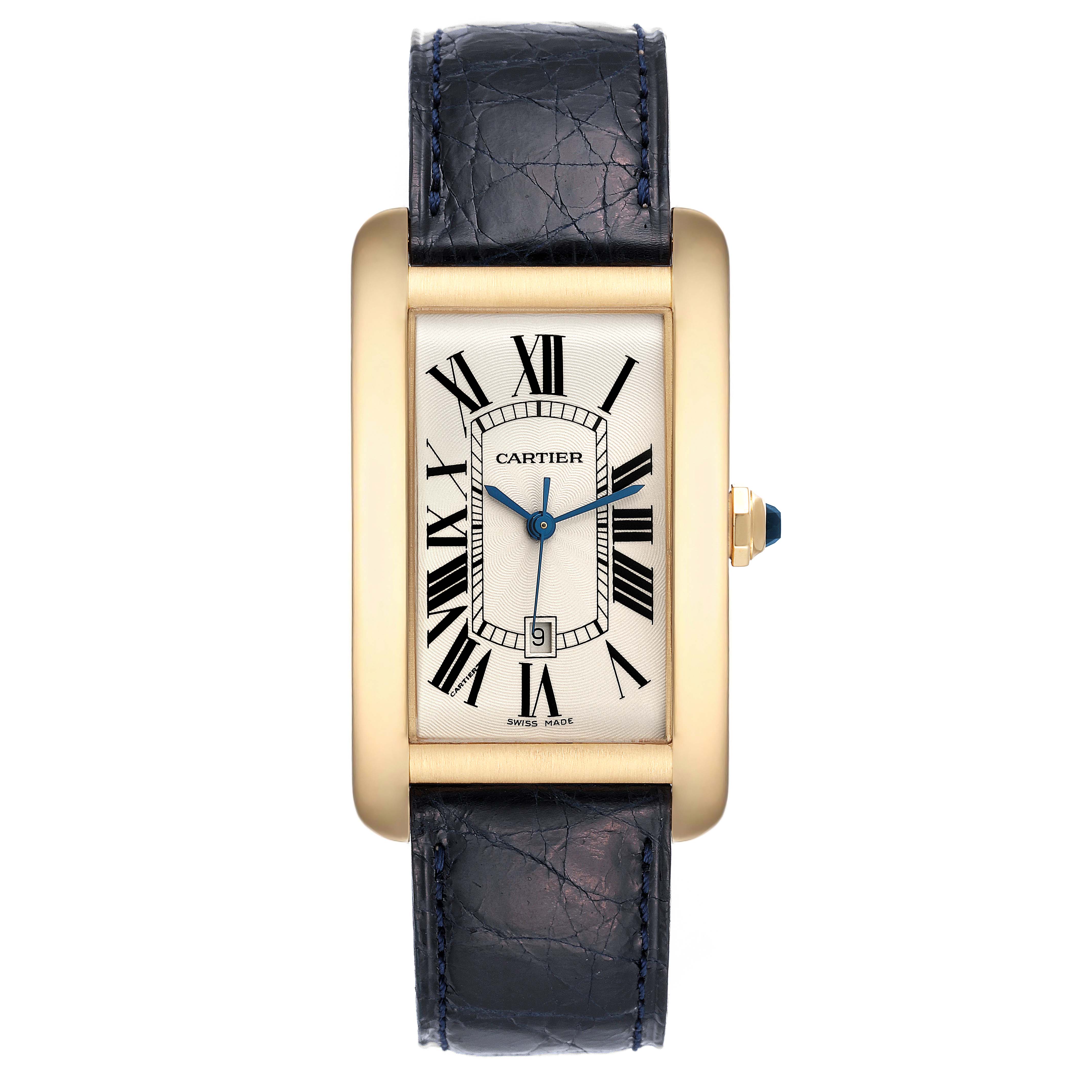 This image shows the Cartier Tank Americaine W2603156 Men's Yellow Gold Silver Dial W2603156 Men's Yellow Gold Silver Dial watch from a top-down angle, featuring its face, bezel, strap, and crown.