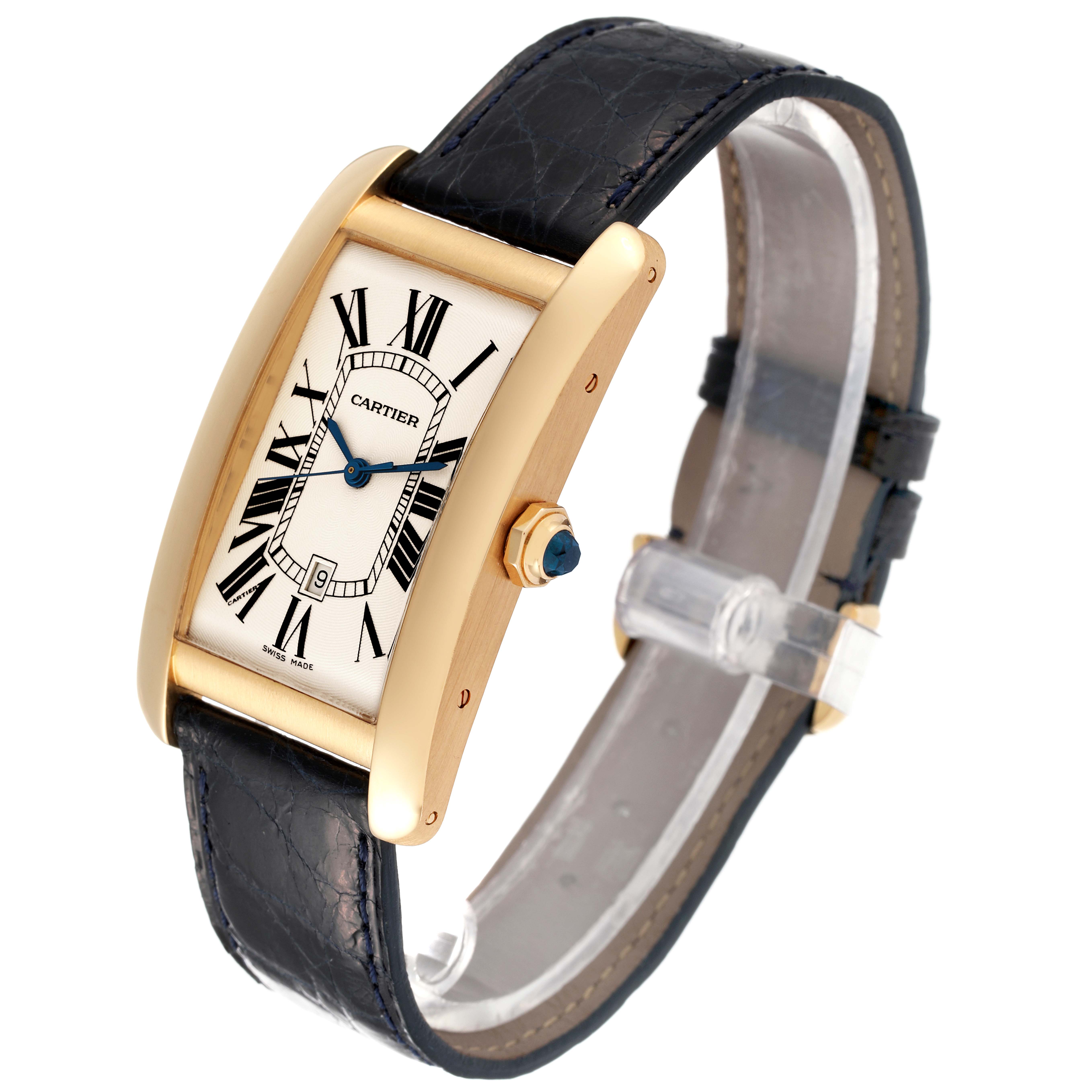 The image shows a Cartier Tank Américaine watch angled to display its face, crown, and leather strap.