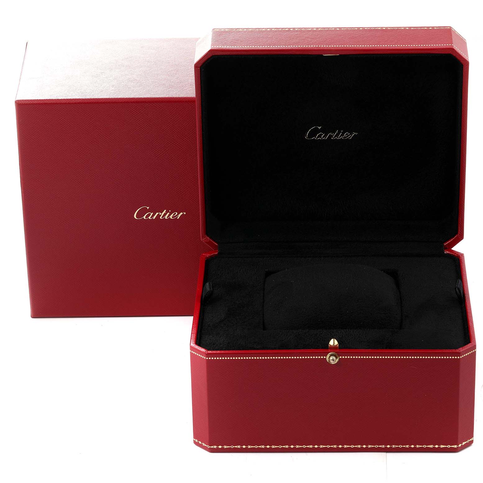 This image shows the red presentation box and interior cushion for the Cartier Tank Americaine W2603156 Men's Yellow Gold Silver Dial W2603156 Men's Yellow Gold Silver Dial watch.