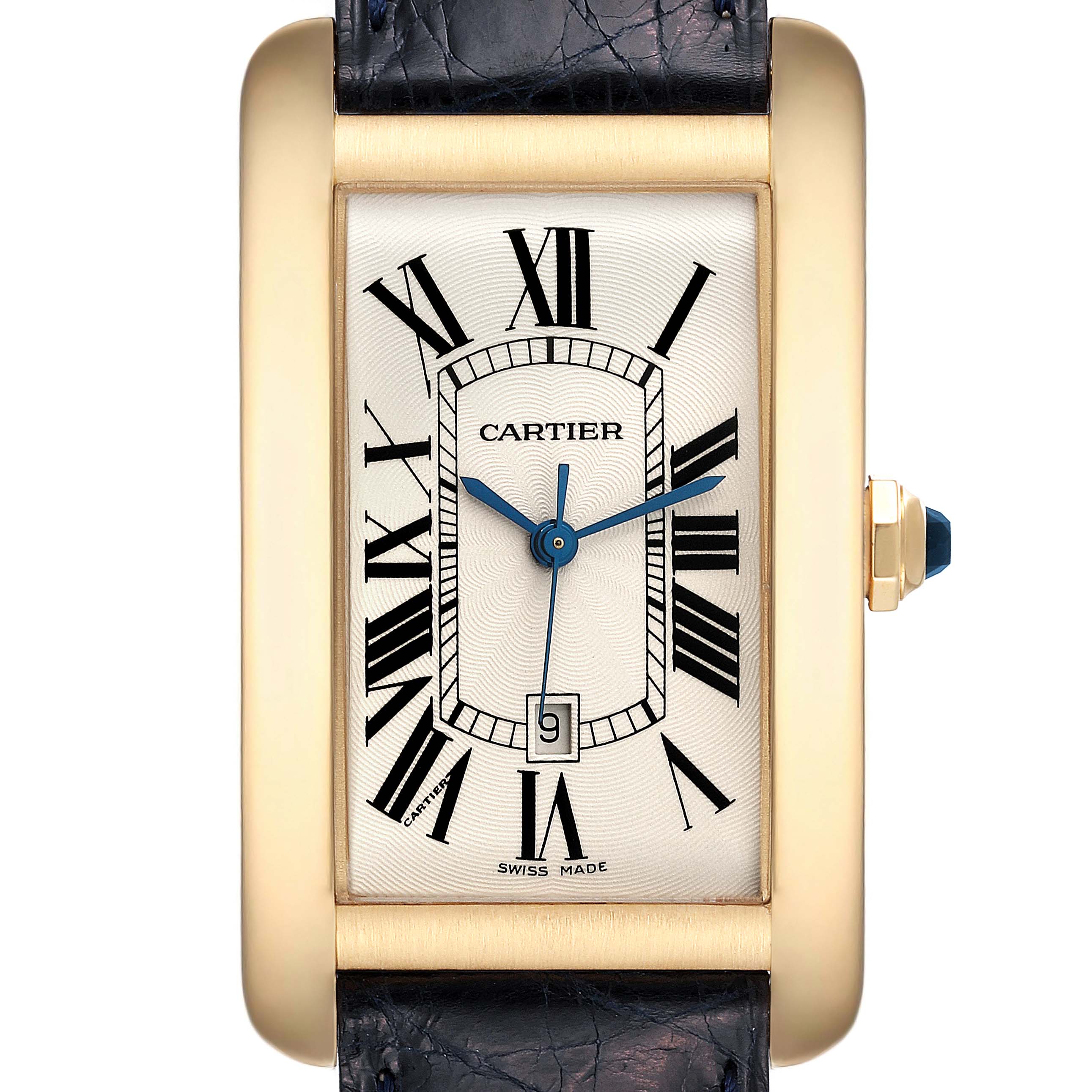 The Cartier Tank Americaine W2603156 Men's Yellow Gold Silver Dial W2603156 Men's Yellow Gold Silver Dial watch is shown from a top-down angle, displaying its dial, hands, and part of the strap.