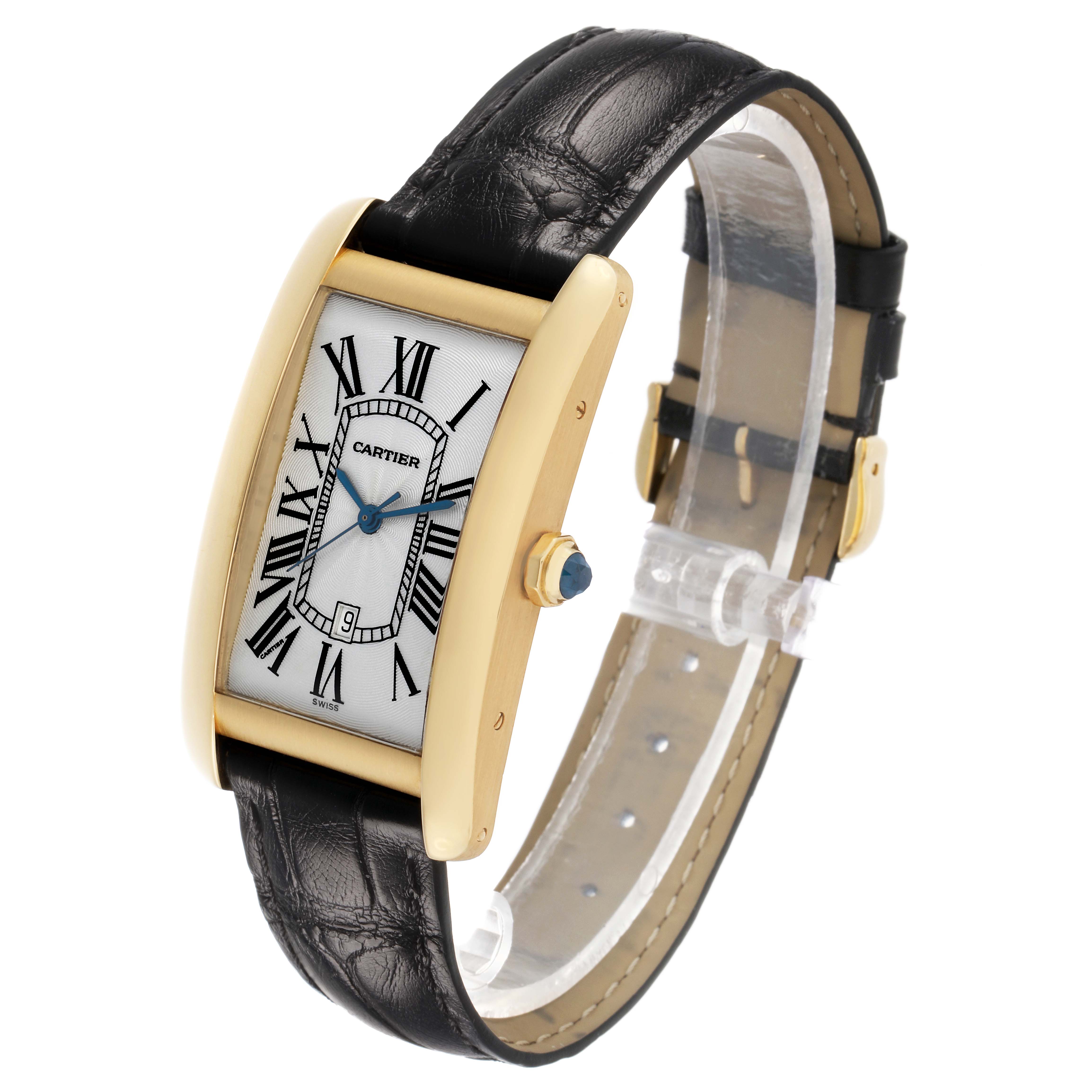 The Cartier Tank Americaine W2603156 Men's Yellow Gold Silver Dial is shown at a three-quarter angle, highlighting the rectangular face, Roman numerals, leather strap, and gold case.