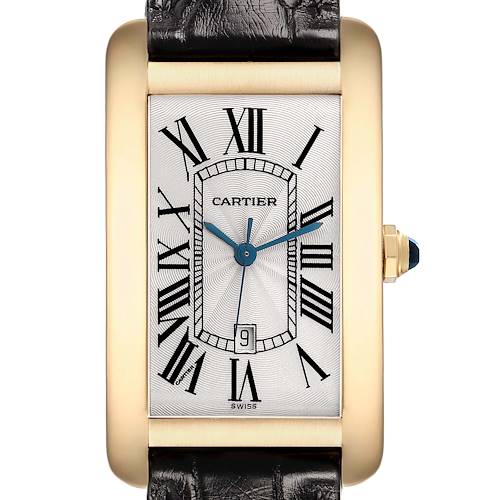 The Cartier Tank Americaine W2603156 Men's Yellow Gold Silver Dial watch is shown from the front, displaying the dial, hands, and strap.