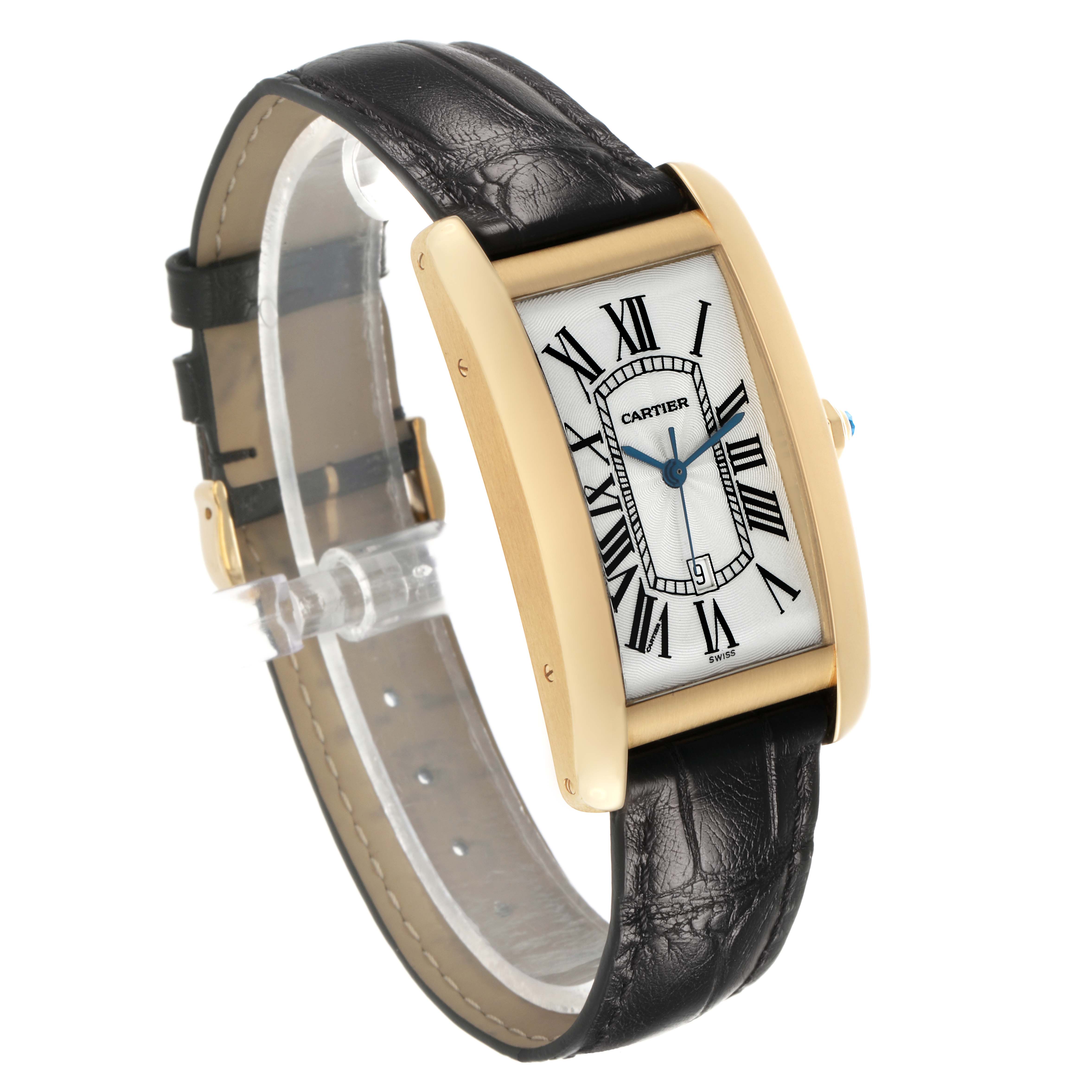 The Cartier Tank Americaine W2603156 Men's Yellow Gold Silver Dial watch is shown at an angle displaying the face, case, and leather strap.
