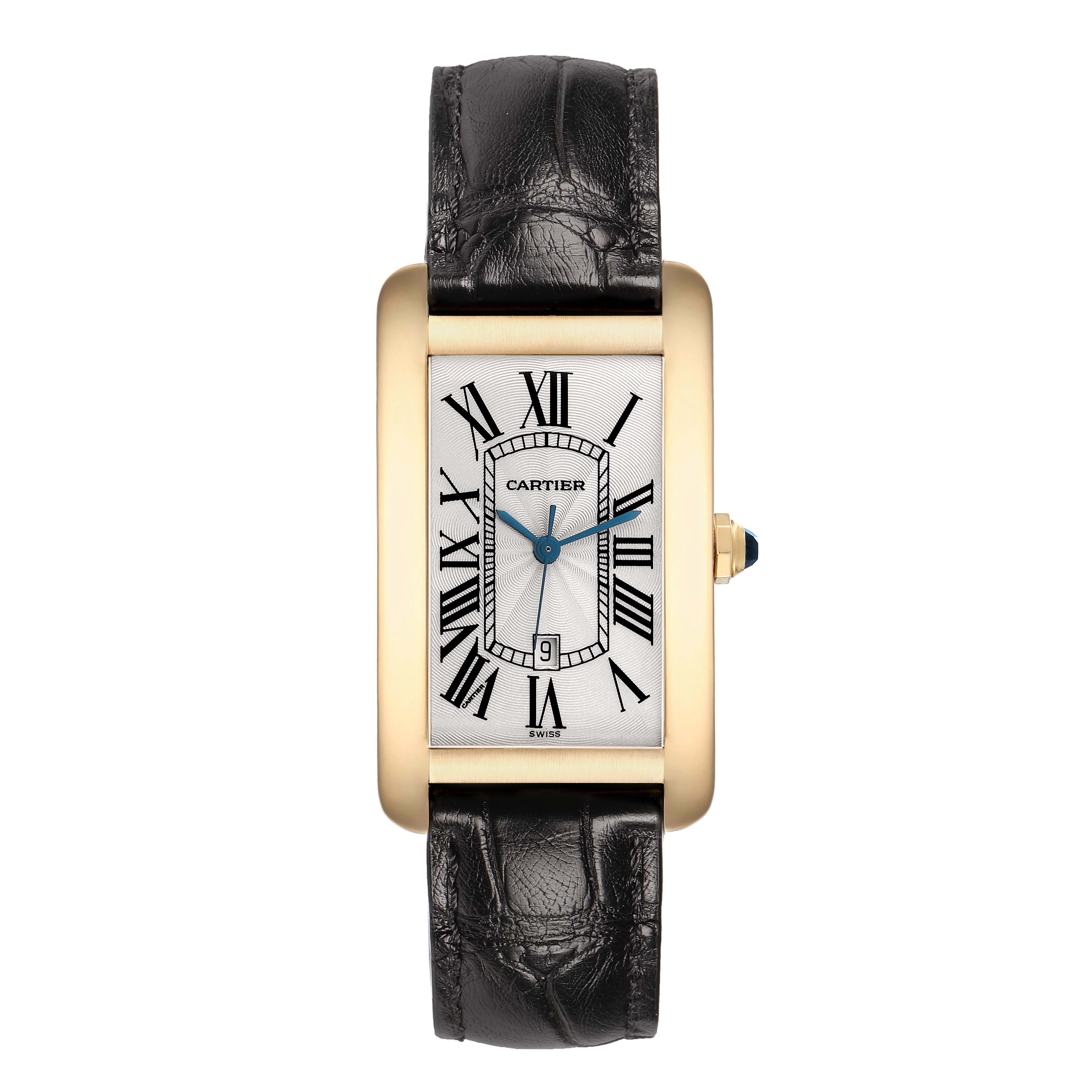 The Cartier Tank Américaine watch is shown from a top view, featuring its rectangular face, Roman numerals, and leather strap.