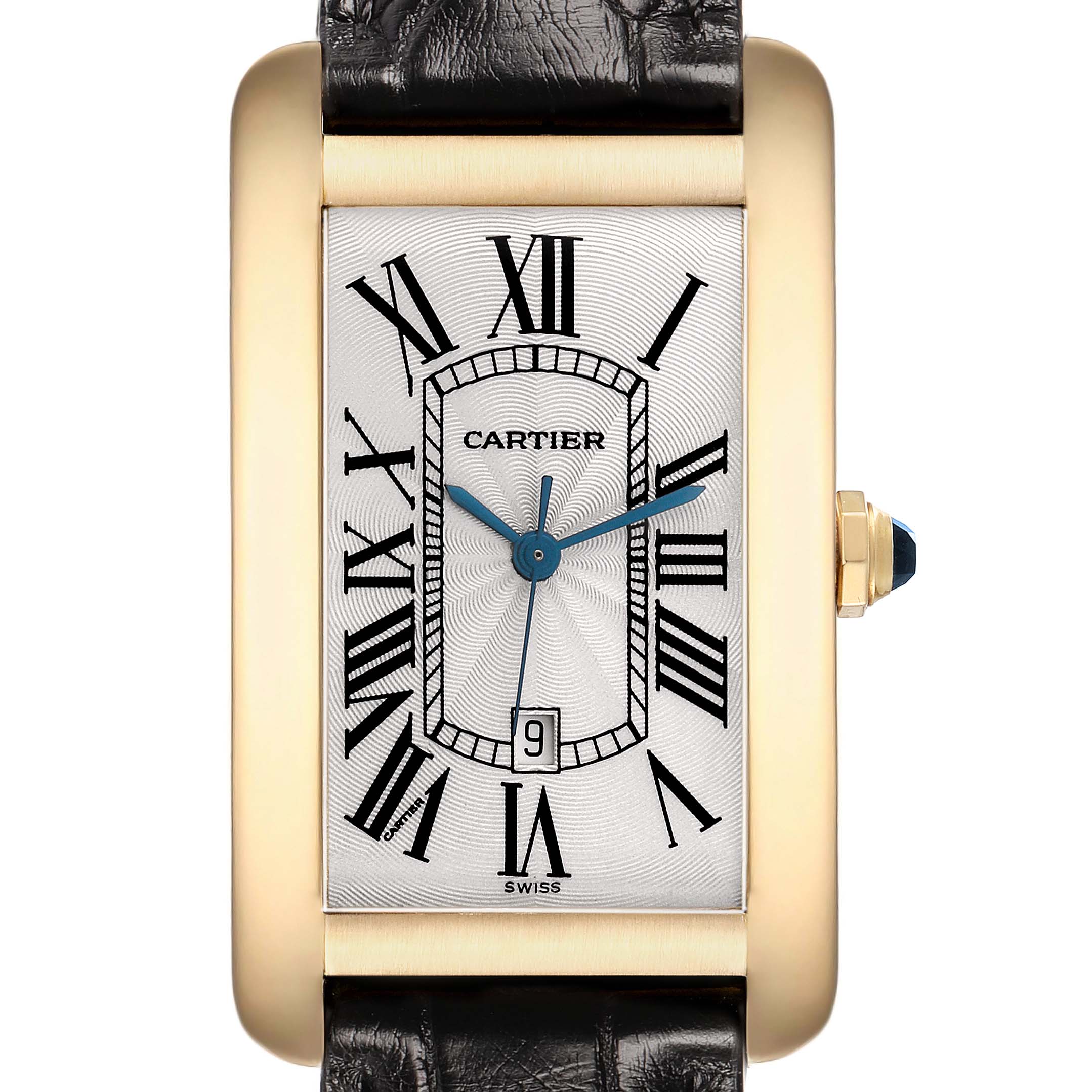 The Cartier Tank Americaine W2603156 Men's Yellow Gold Silver Dial watch is shown from the front, displaying its rectangular case, blue hands, Roman numerals, and leather strap.