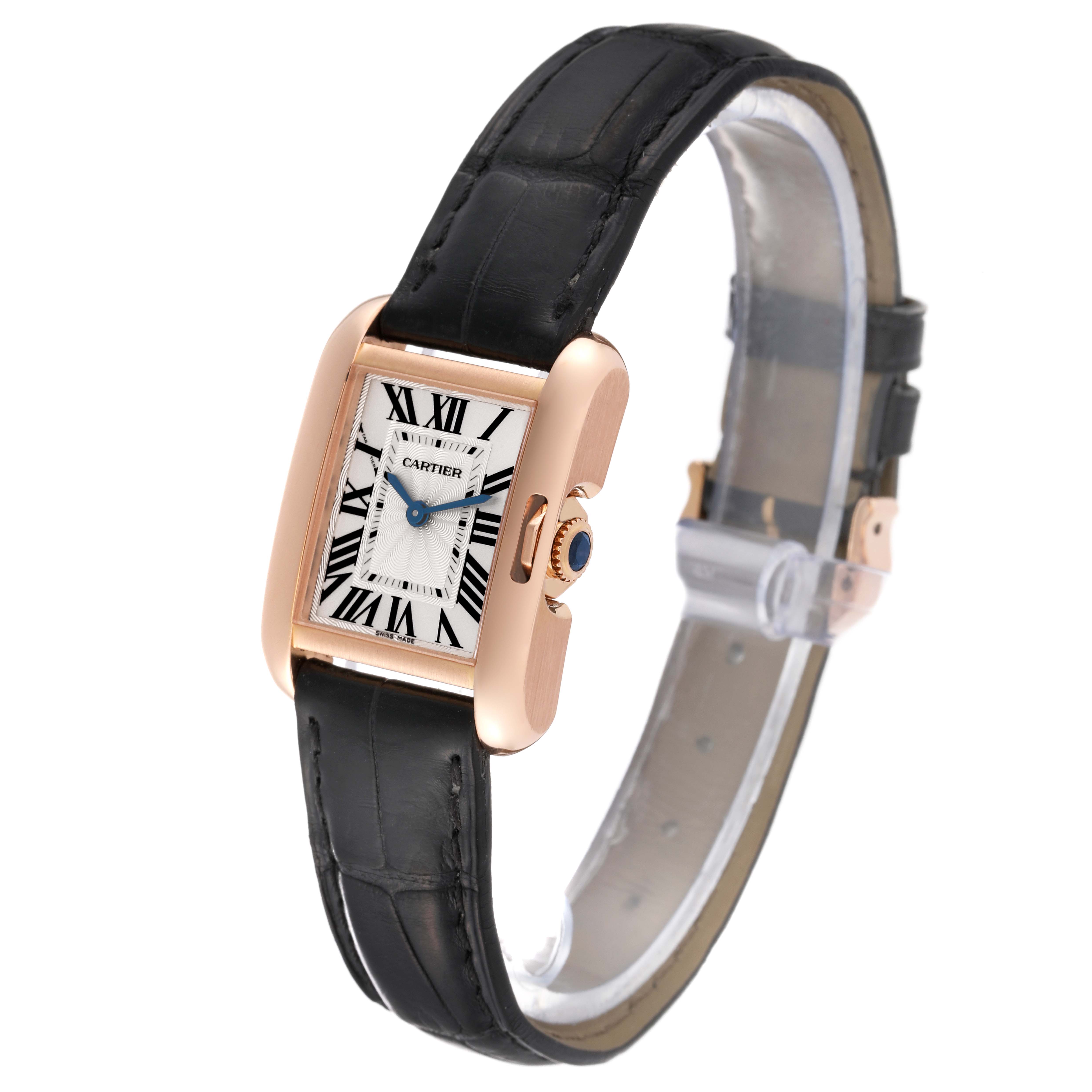 The image shows a Cartier Tank Anglaise W5310027 Women
s Rose Gold Silver Dial W5310027 Women
s Rose Gold Silver Dial watch at a three-quarter angle, displaying its face, strap, and crown.