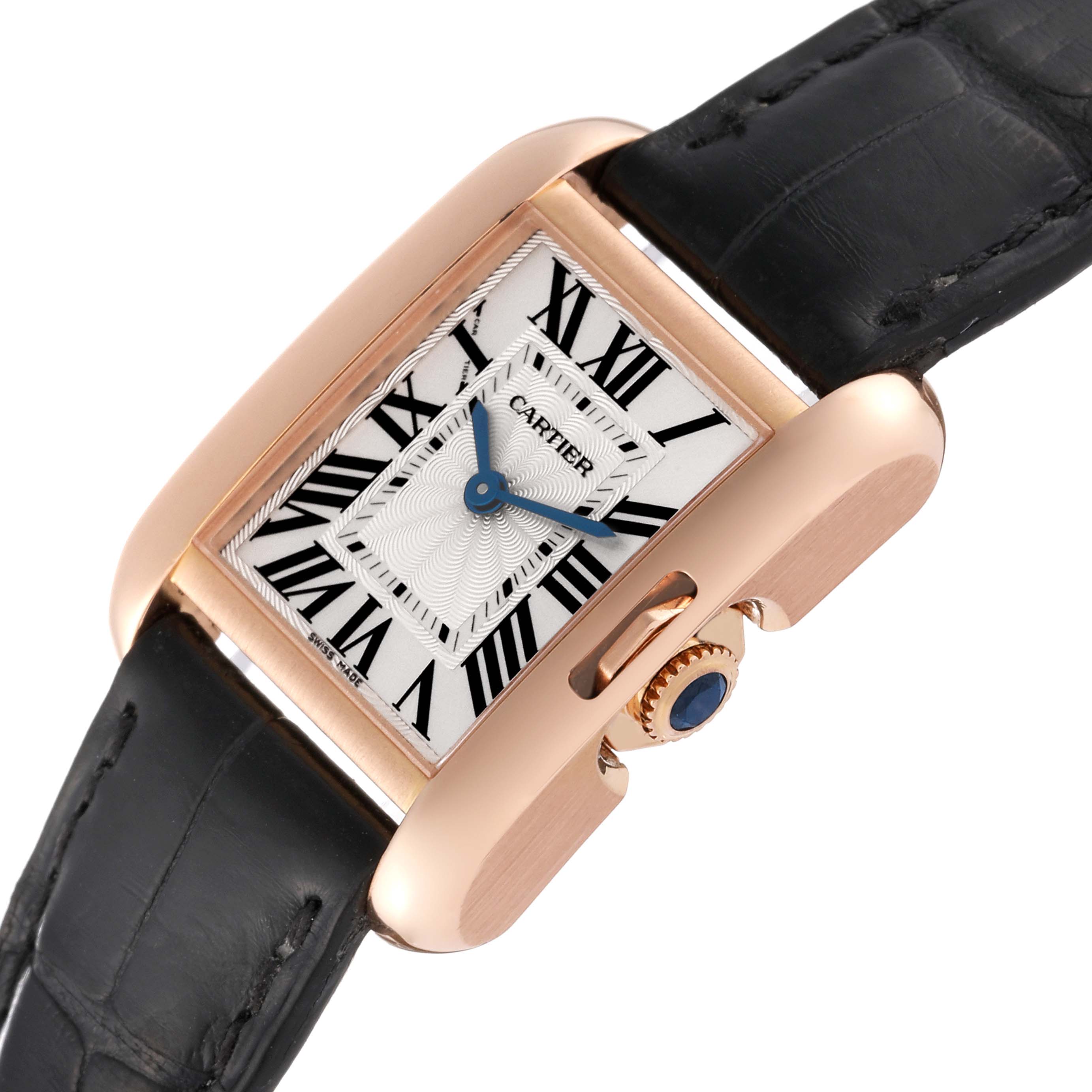 This image shows a top view of a Cartier Tank Anglaise W5310027 Women
s Rose Gold Silver Dial W5310027 Women
s Rose Gold Silver Dial watch, highlighting the face, case, crown, and part of the leather strap.