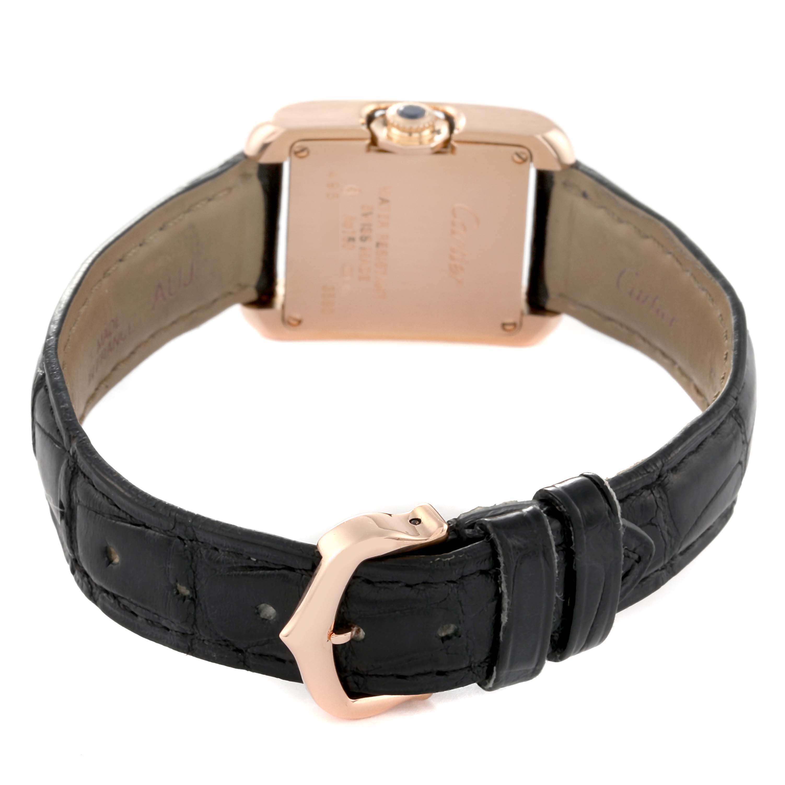 The image shows the back view of a Cartier Tank Anglaise W5310027 Women
s Rose Gold Silver Dial W5310027 Women
s Rose Gold Silver Dial watch, highlighting its leather strap and clasp.