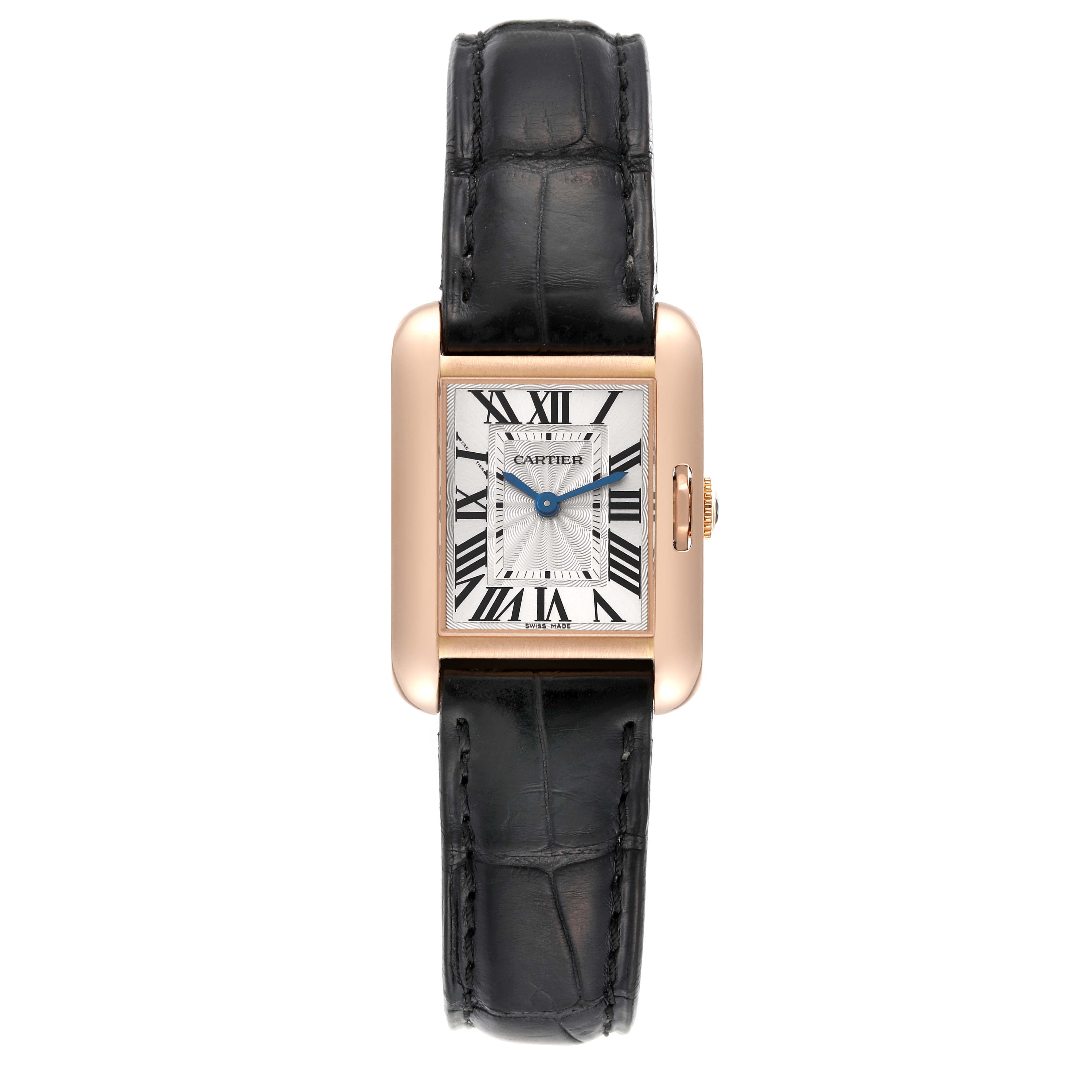 The image shows a front view of a Cartier Tank Anglaise W5310027 Women
s Rose Gold Silver Dial W5310027 Women
s Rose Gold Silver Dial watch with a black leather strap and rose gold case.