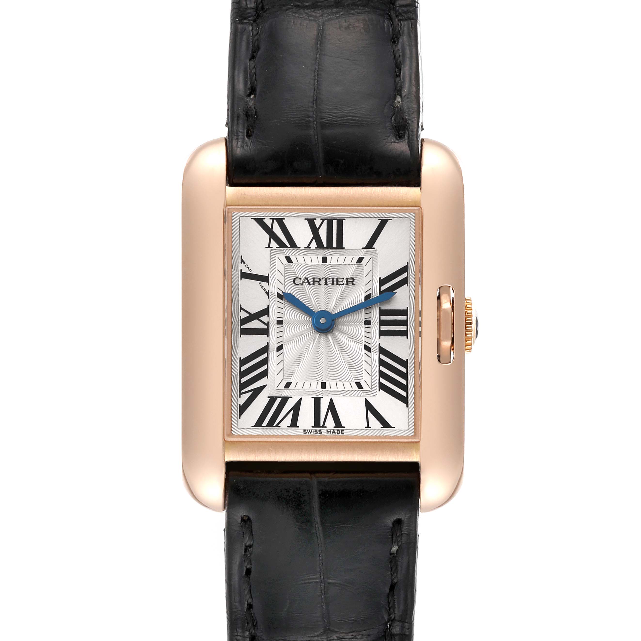 This image shows a front view of the Cartier Tank Anglaise W5310027 Women
s Rose Gold Silver Dial W5310027 Women
s Rose Gold Silver Dial watch, highlighting its face, bezel, crown, and leather strap.