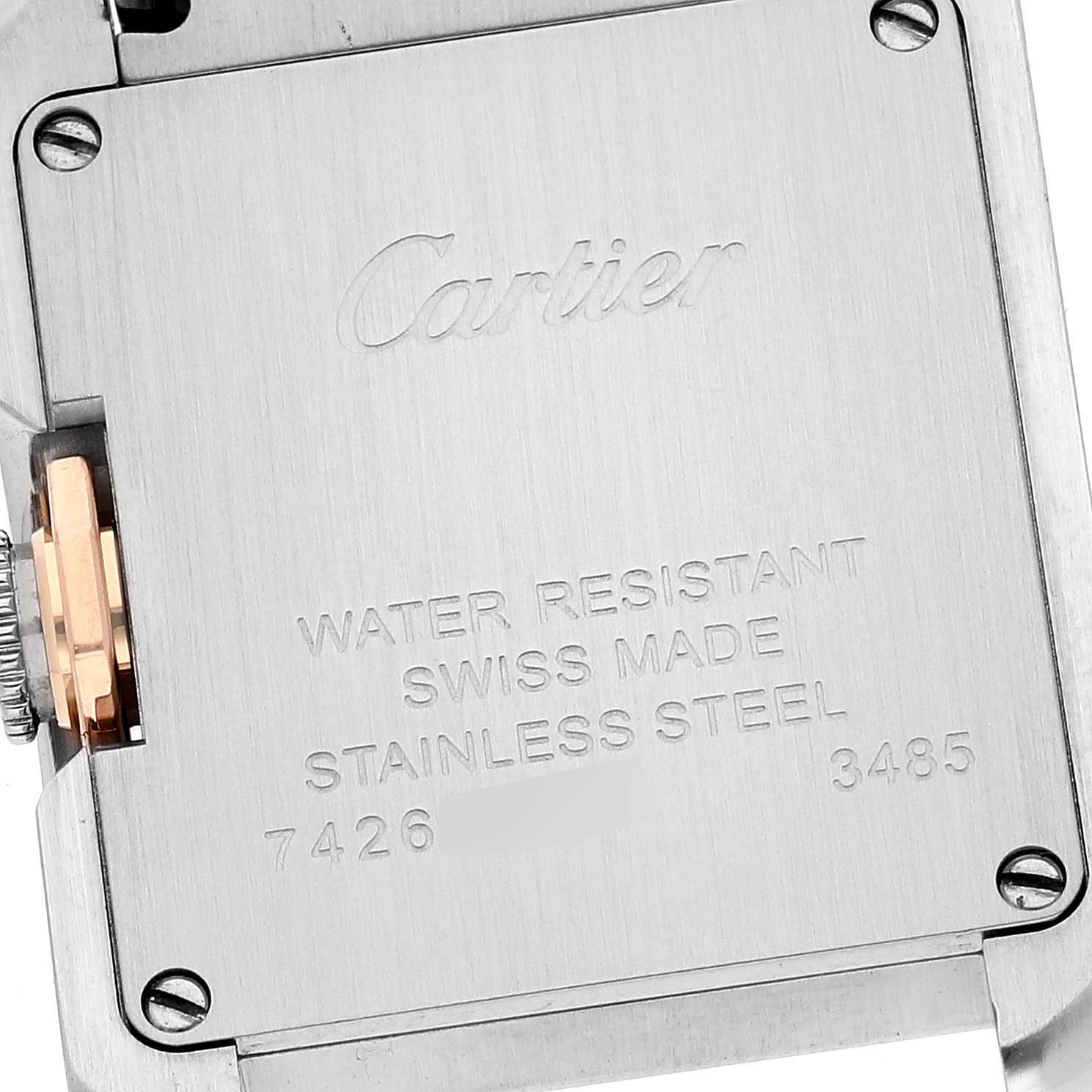 The image shows the back case and crown of a Tank Anglaise watch by Cartier, highlighting its water resistance and material details.