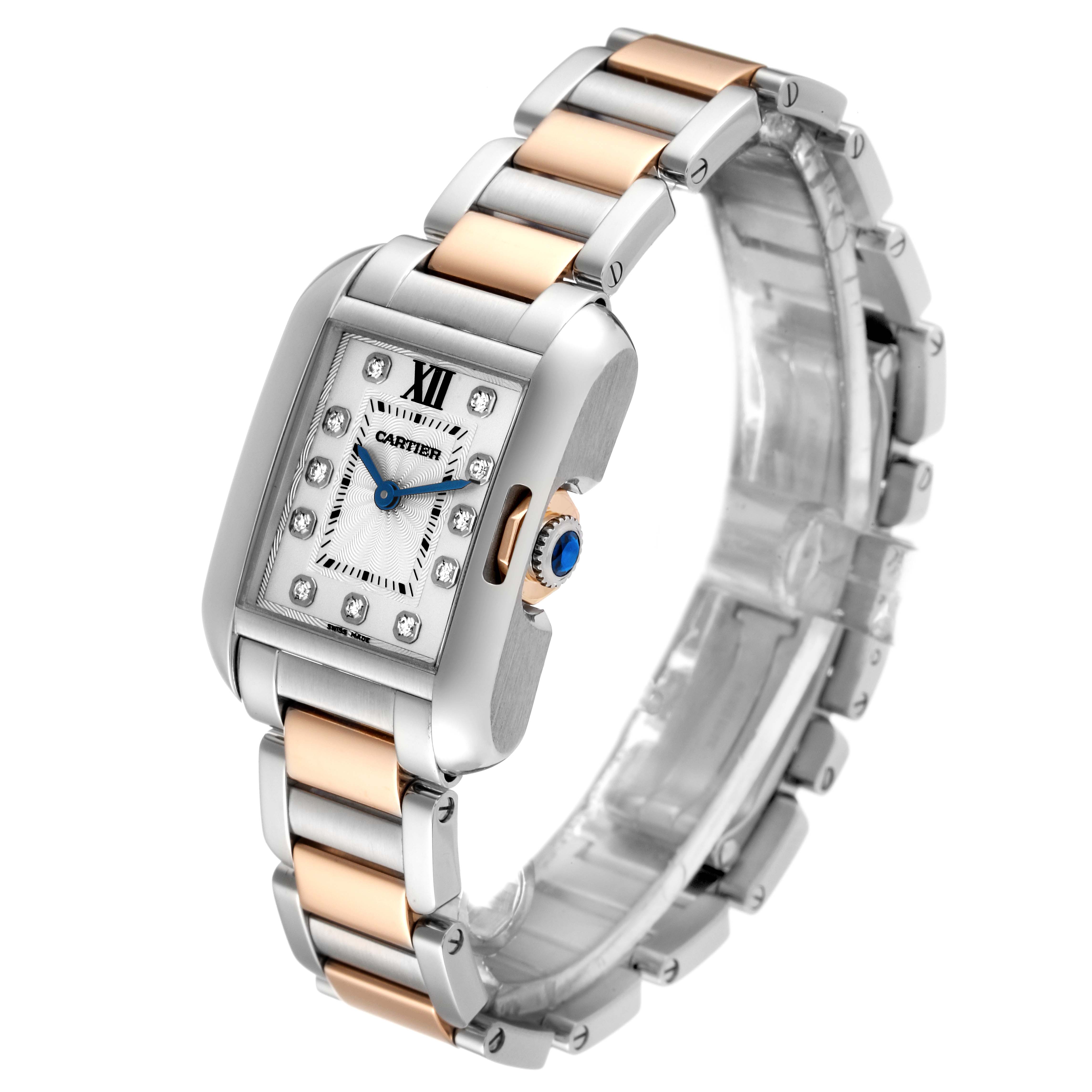 The image shows a Cartier Tank Anglaise WT100024 Women's Steel and Gold (two tone) Silver Dial WT100024 Women's Steel and Gold (two tone) Silver Dial watch from a three-quarter upper angle, highlighting its face and metal bracelet.