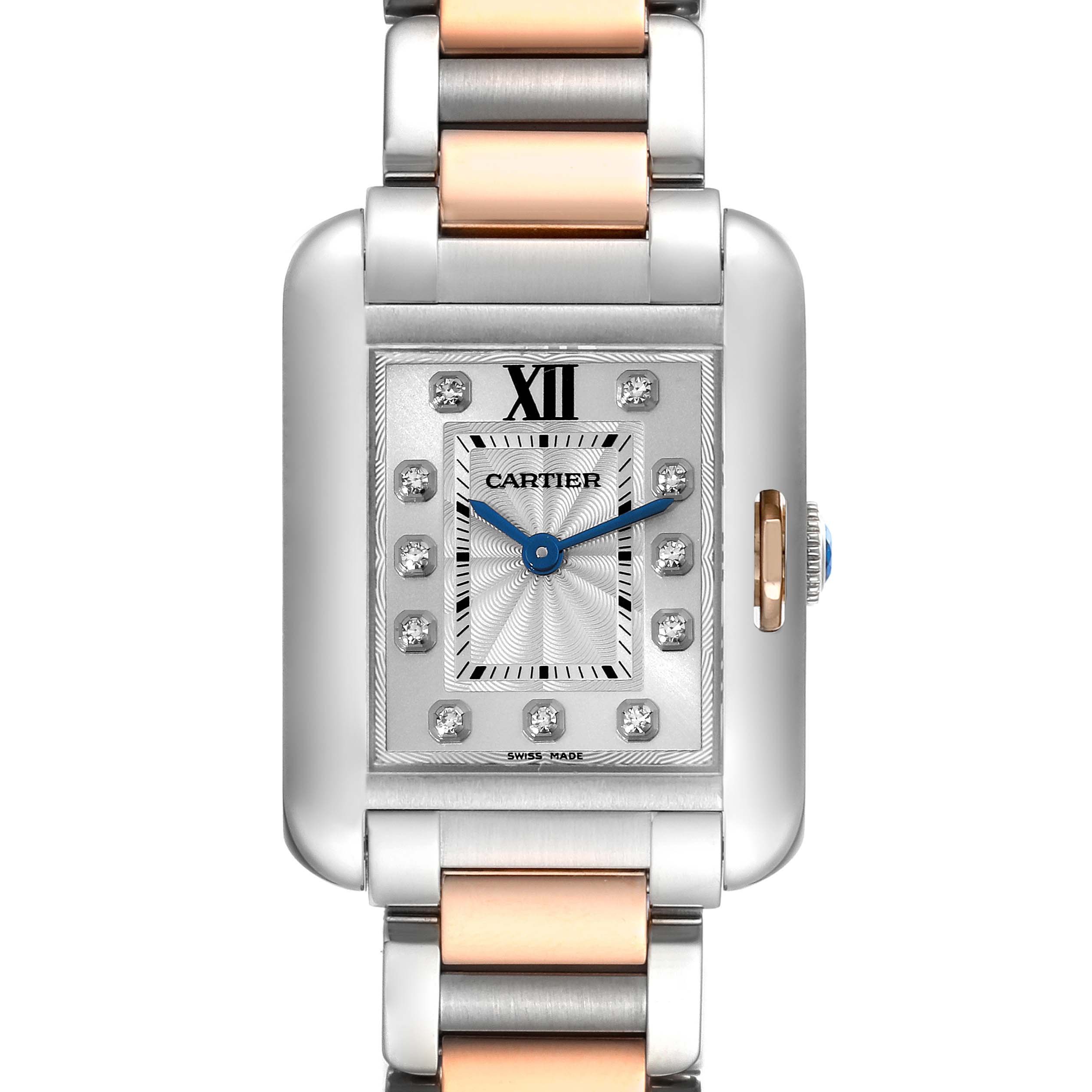 The image shows a front view of the Cartier Tank Anglaise WT100024 Women's Steel and Gold (two tone) Silver Dial WT100024 Women's Steel and Gold (two tone) Silver Dial watch, highlighting its rectangular face, diamond markers, blue hands, and two-tone bracelet.