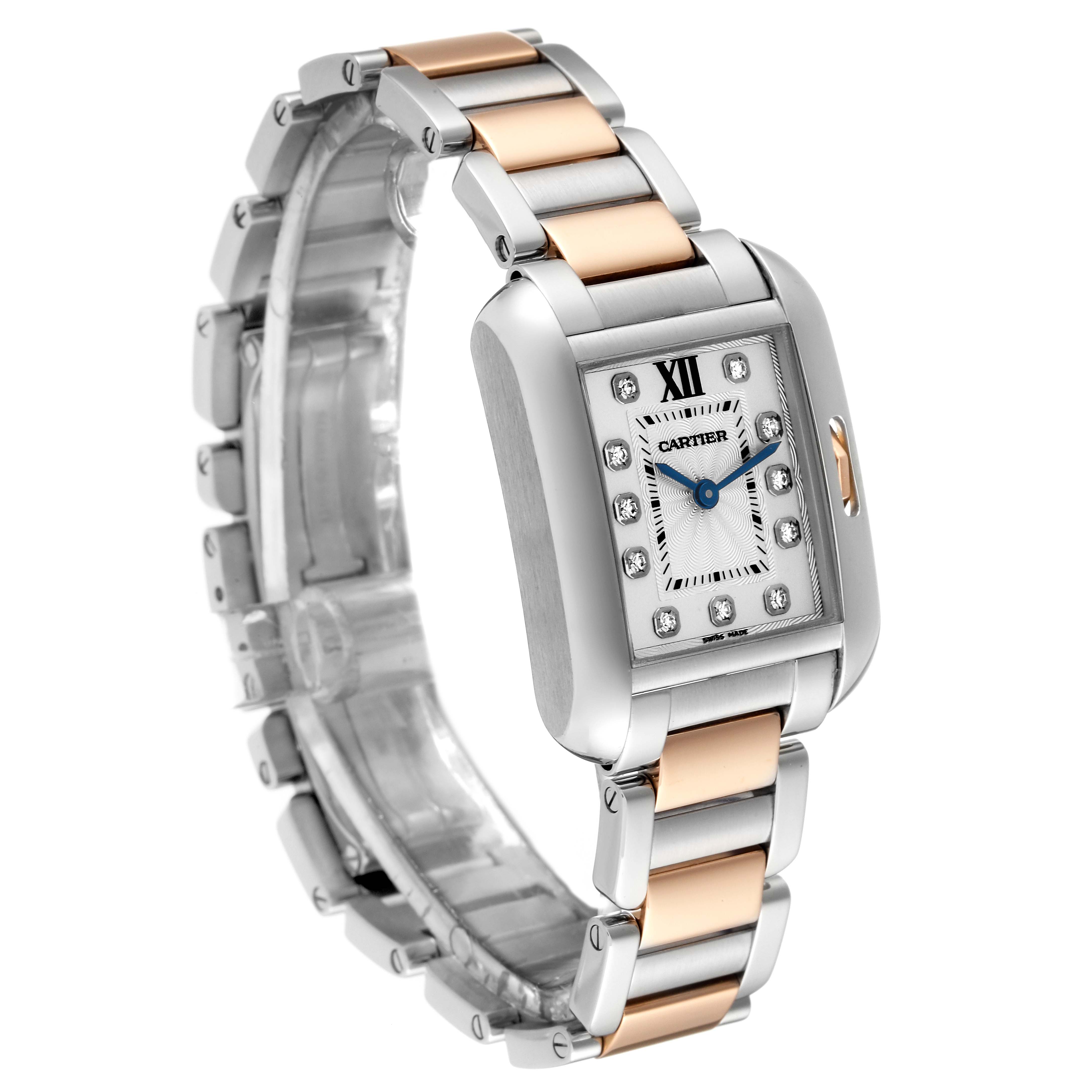 The image shows a Cartier Tank Anglaise WT100024 Women's Steel and Gold (two tone) Silver Dial WT100024 Women's Steel and Gold (two tone) Silver Dial watch at a three-quarter angle, highlighting its face, bracelet, and bezel.