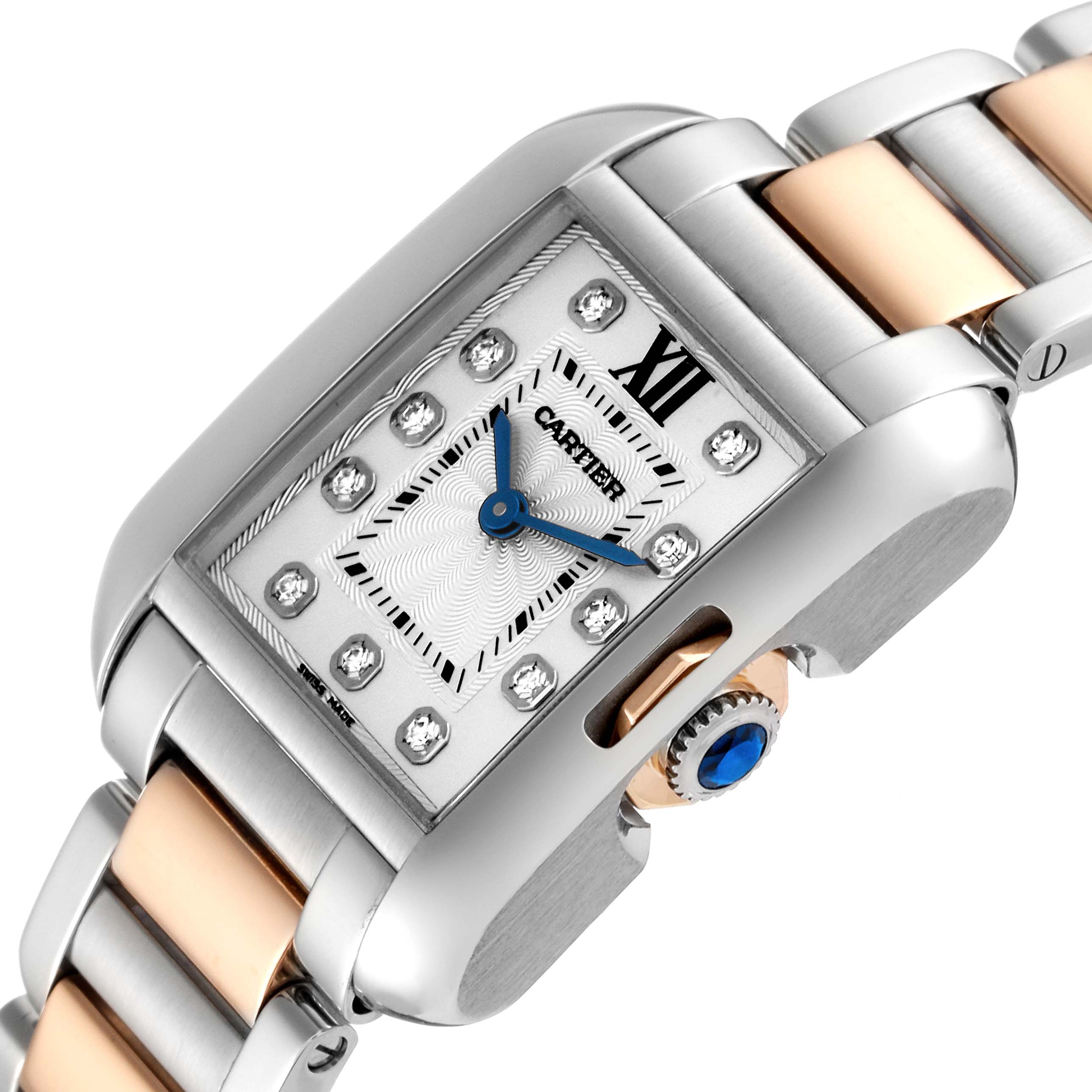 This image shows a close-up angled view of a Cartier Tank Anglaise WT100024 Women's Steel and Gold (two tone) Silver Dial WT100024 Women's Steel and Gold (two tone) Silver Dial watch, highlighting the dial, case, and part of the bracelet.