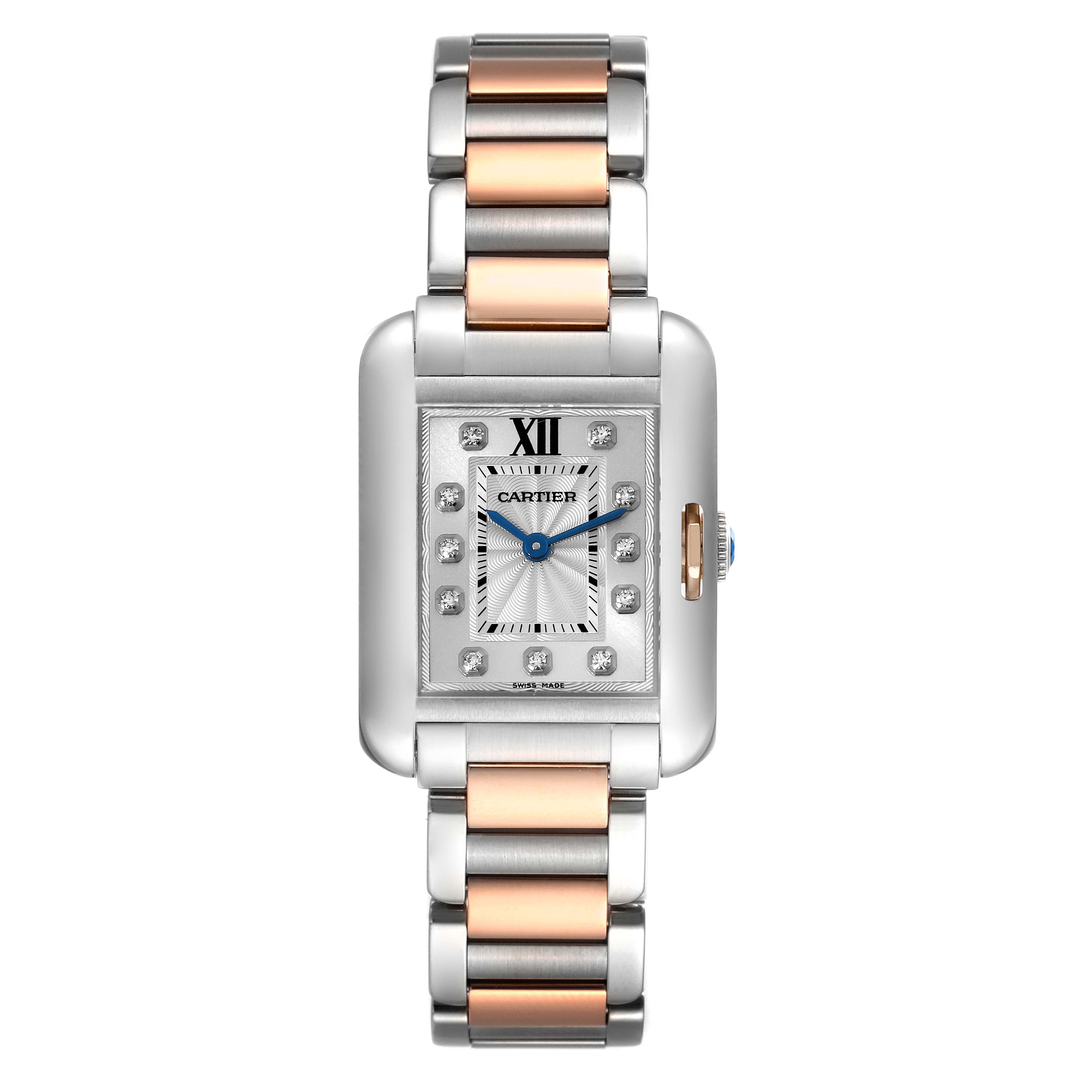 The image shows a frontal view of a Cartier Tank Anglaise WT100024 Women's Steel and Gold (two tone) Silver Dial WT100024 Women's Steel and Gold (two tone) Silver Dial watch, featuring its face, bezel, and two-tone bracelet.