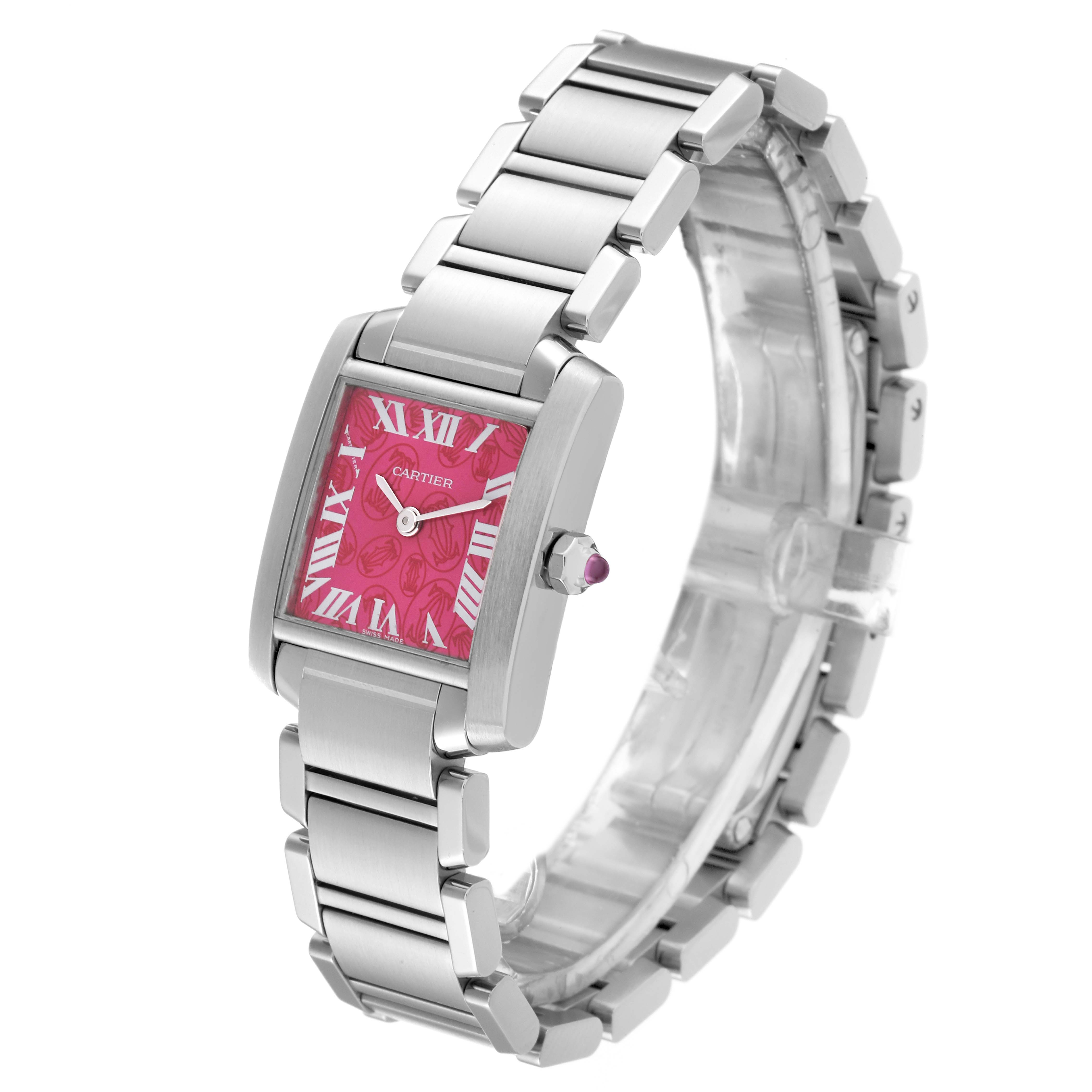 This image shows a three-quarter angle view of a Cartier Tank Francaise W51030Q3 Women's Stainless Steel Pink Dial W51030Q3 Women's Stainless Steel Pink Dial watch with a silver bracelet and pink dial.