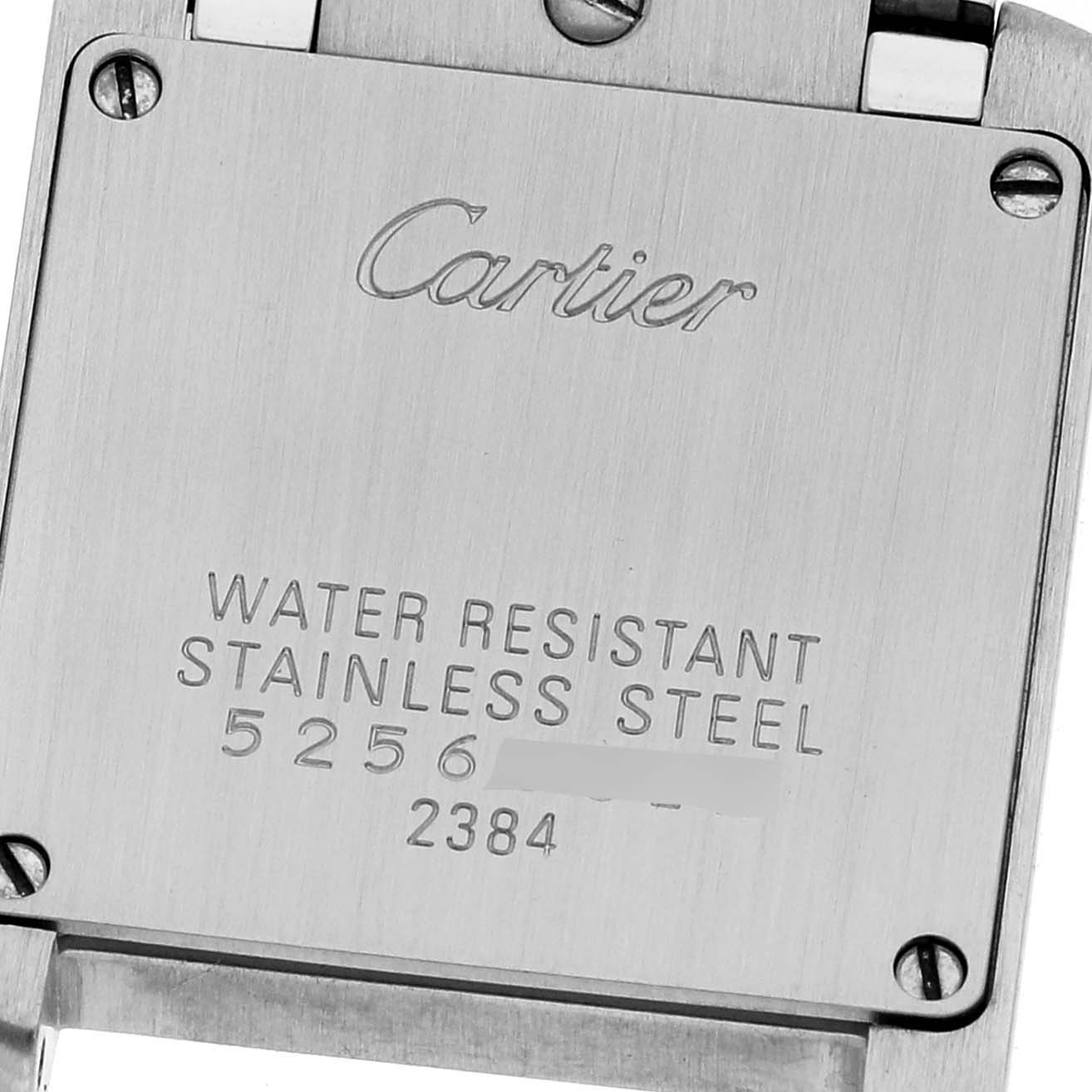 The image shows the back casing of a Tank Francaise model watch by Cartier, displaying its water resistance and model details.