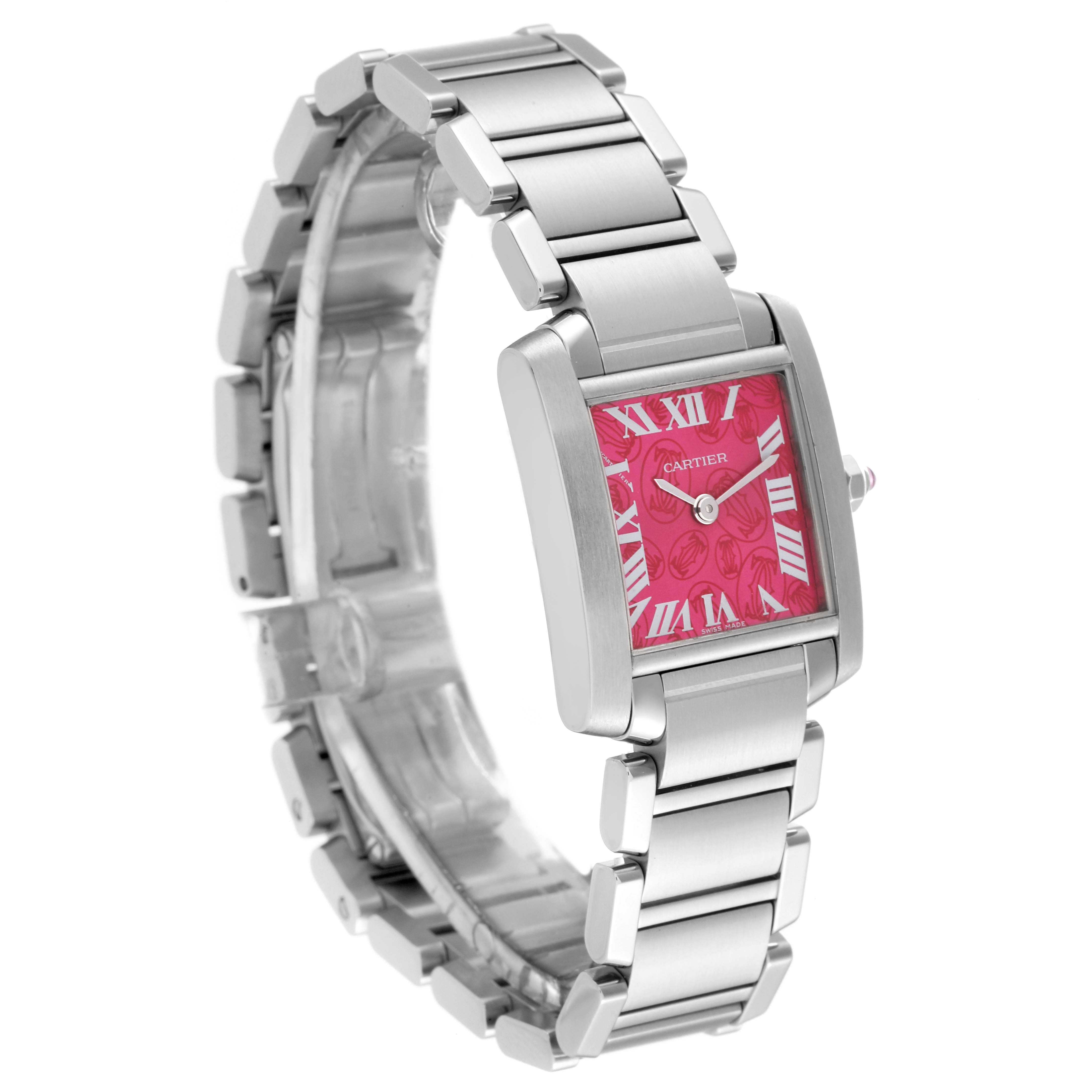 The Cartier Tank Francaise W51030Q3 Women's Stainless Steel Pink Dial W51030Q3 Women's Stainless Steel Pink Dial watch is shown at a three-quarter angle, displaying its stainless steel bracelet and pink dial.
