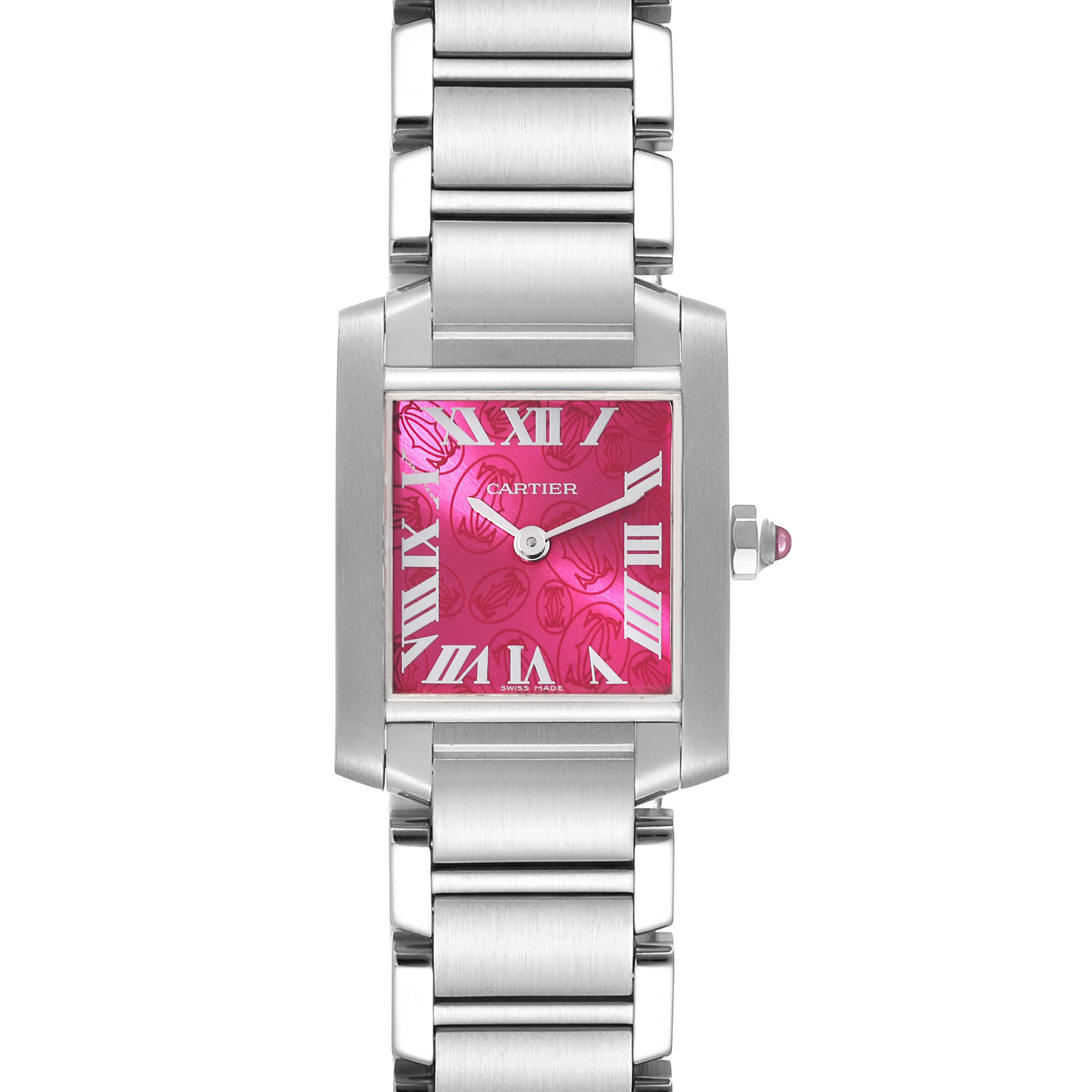 The image shows a front view of the Cartier Tank Francaise W51030Q3 Women's Stainless Steel Pink Dial W51030Q3 Women's Stainless Steel Pink Dial watch, highlighting its pink dial, roman numerals, and stainless steel bracelet.