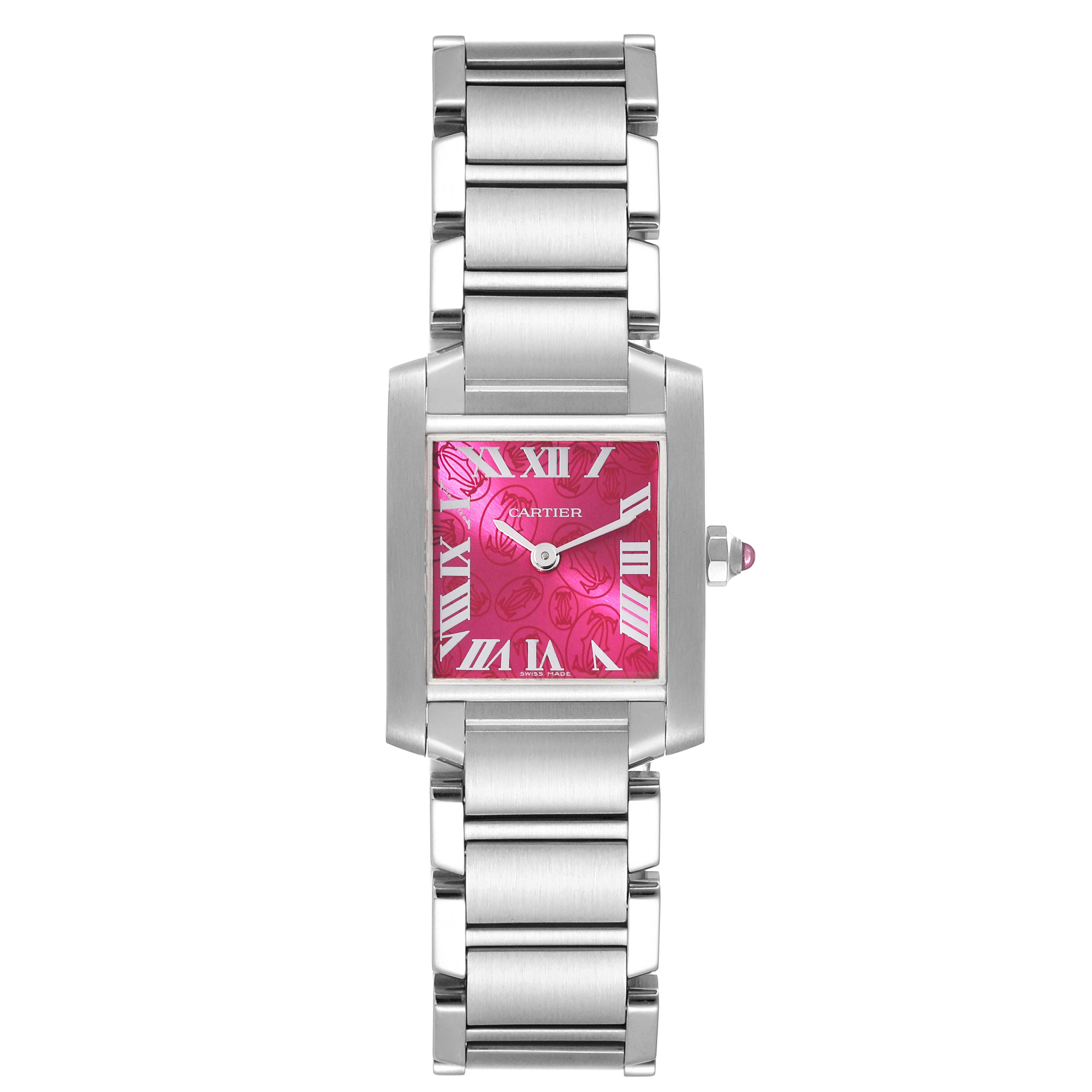 This image shows a front view of the Cartier Tank Française watch with its pink dial and metal bracelet.