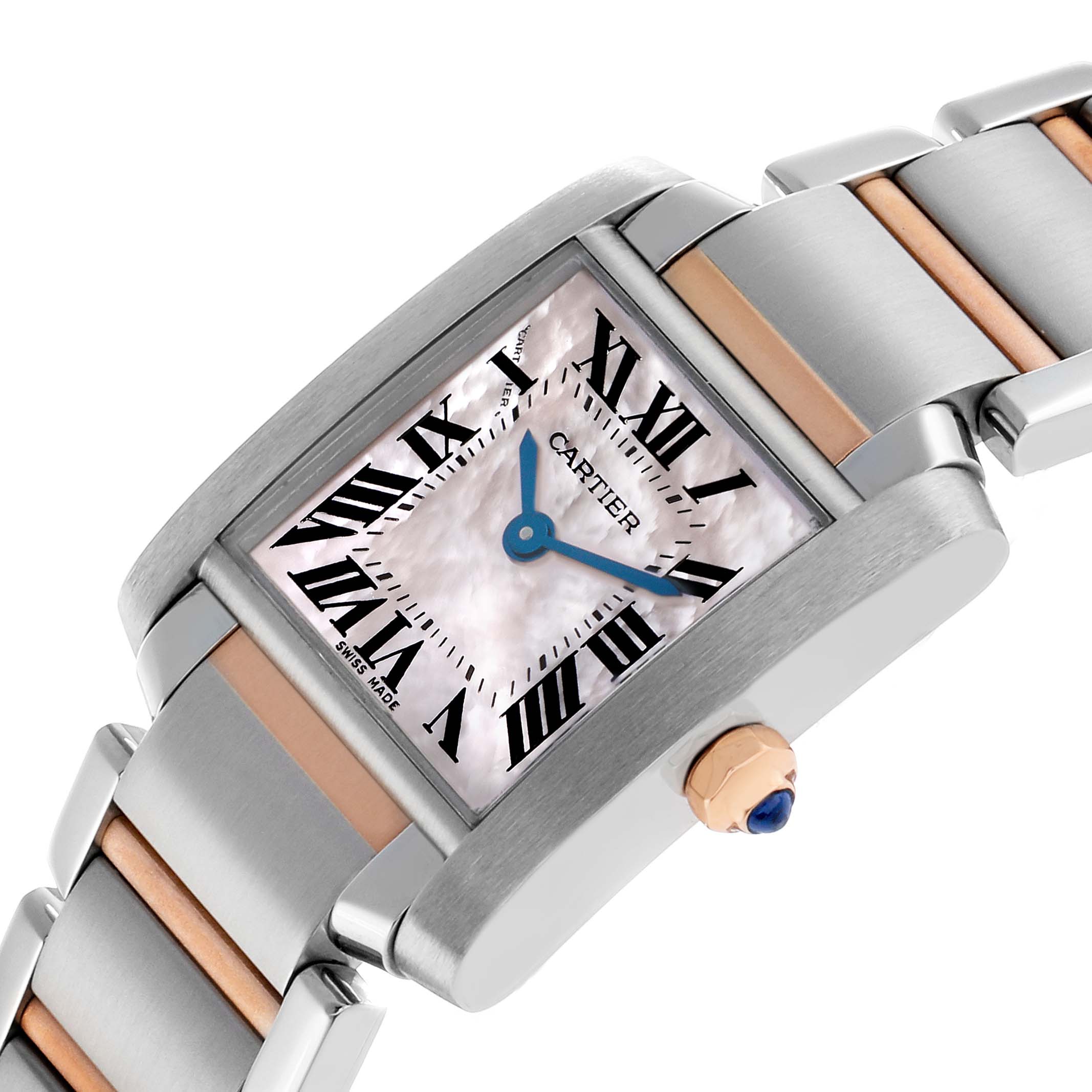 The Cartier Tank Française watch is shown at an angled view highlighting its bracelet, rectangular face, and crown with a blue stone.
