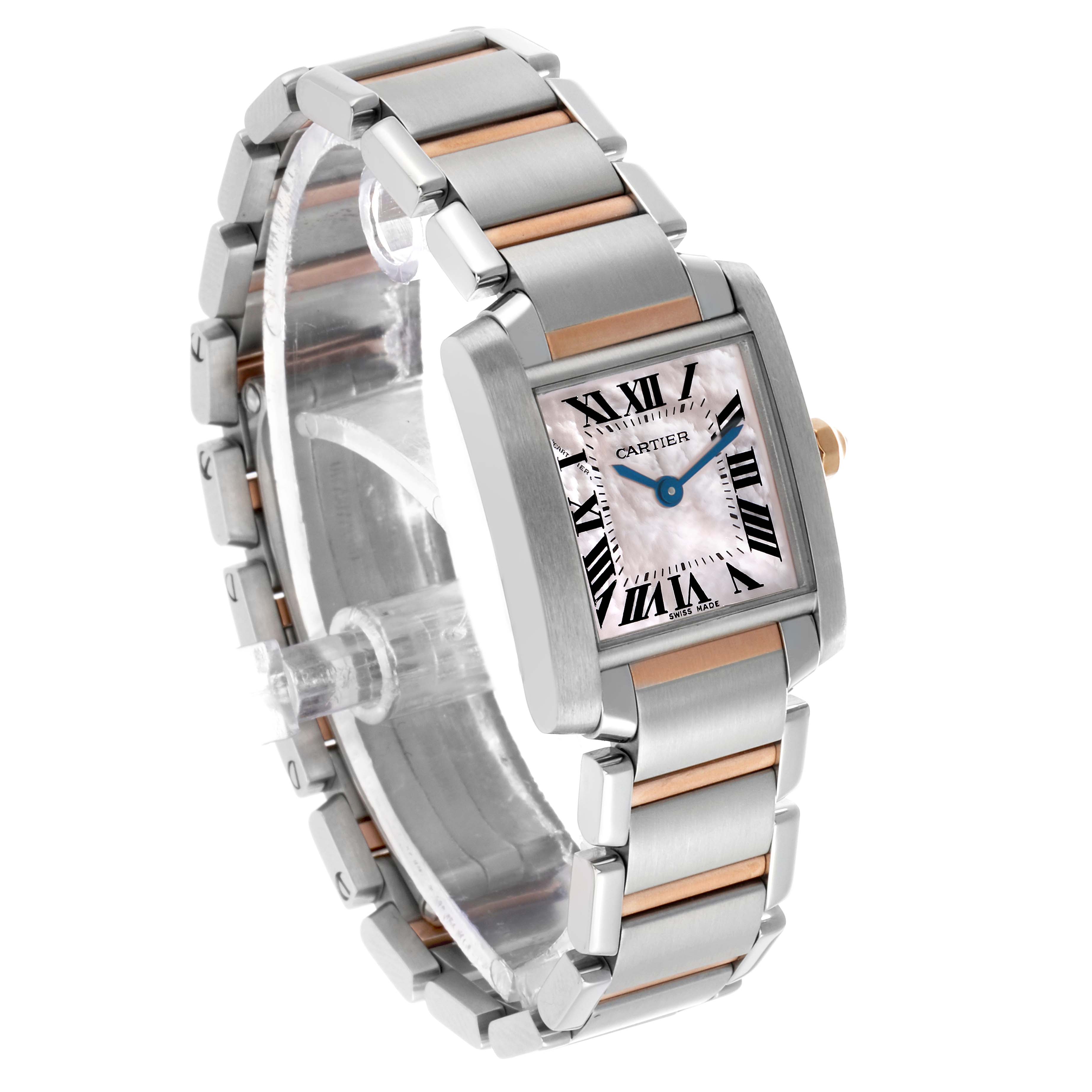 The Cartier Tank Française watch is shown at a three-quarter angle, highlighting its square face and metal link bracelet.