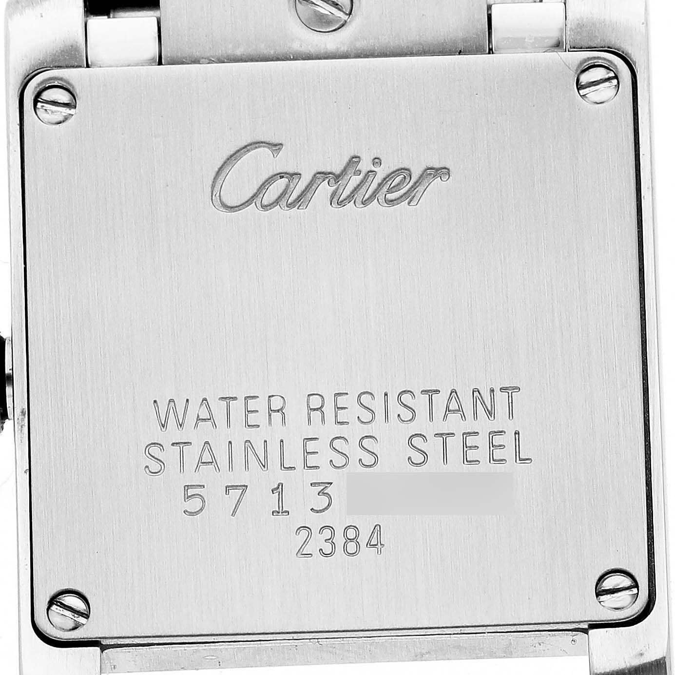 The image shows the back case of a Cartier Tank Francaise W51027Q4 Women's Steel and Gold (two tone) Pink Dial watch, highlighting its stainless steel construction and water resistance.