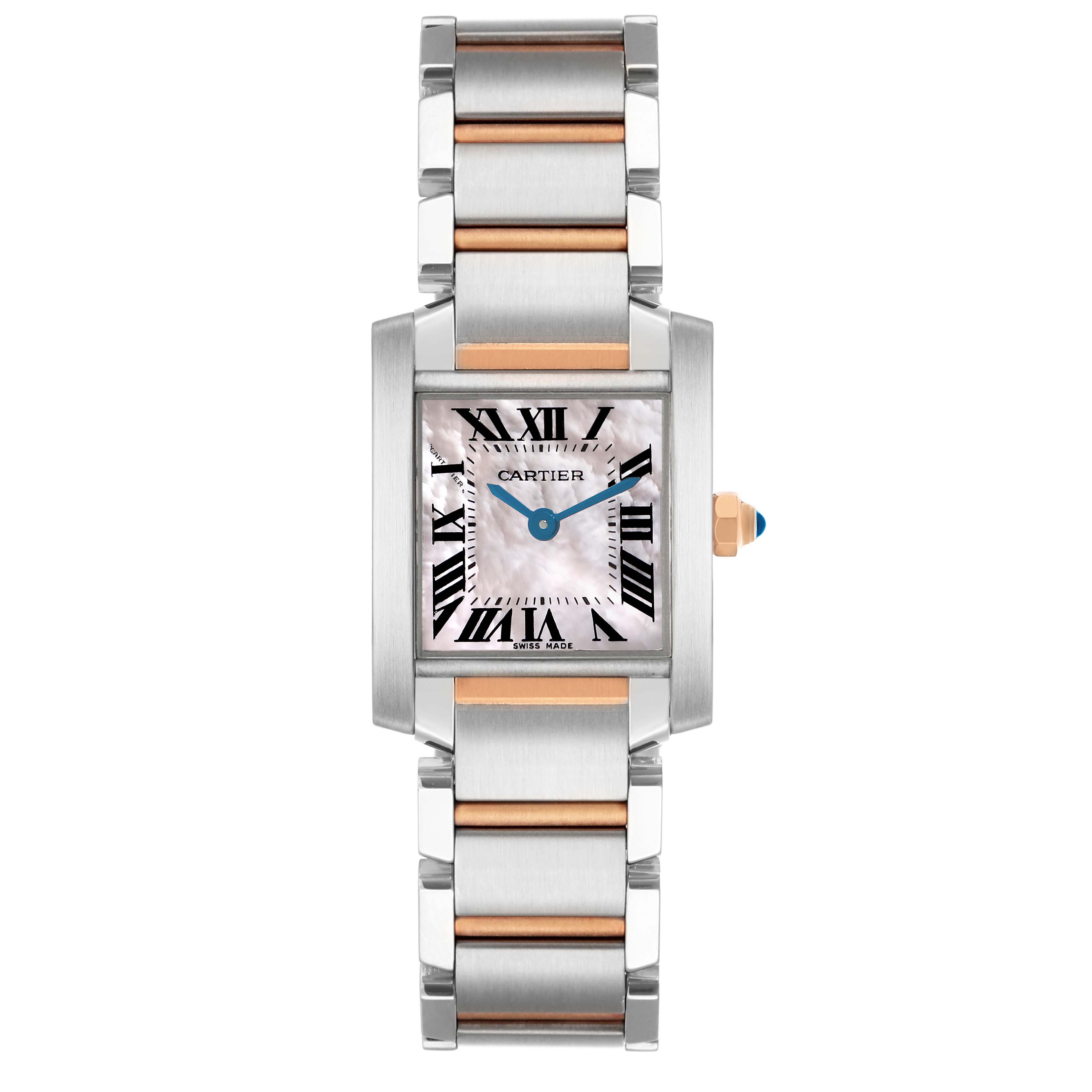 The Cartier Tank Française watch is shown from a front angle, displaying the face, bracelet, and crown.